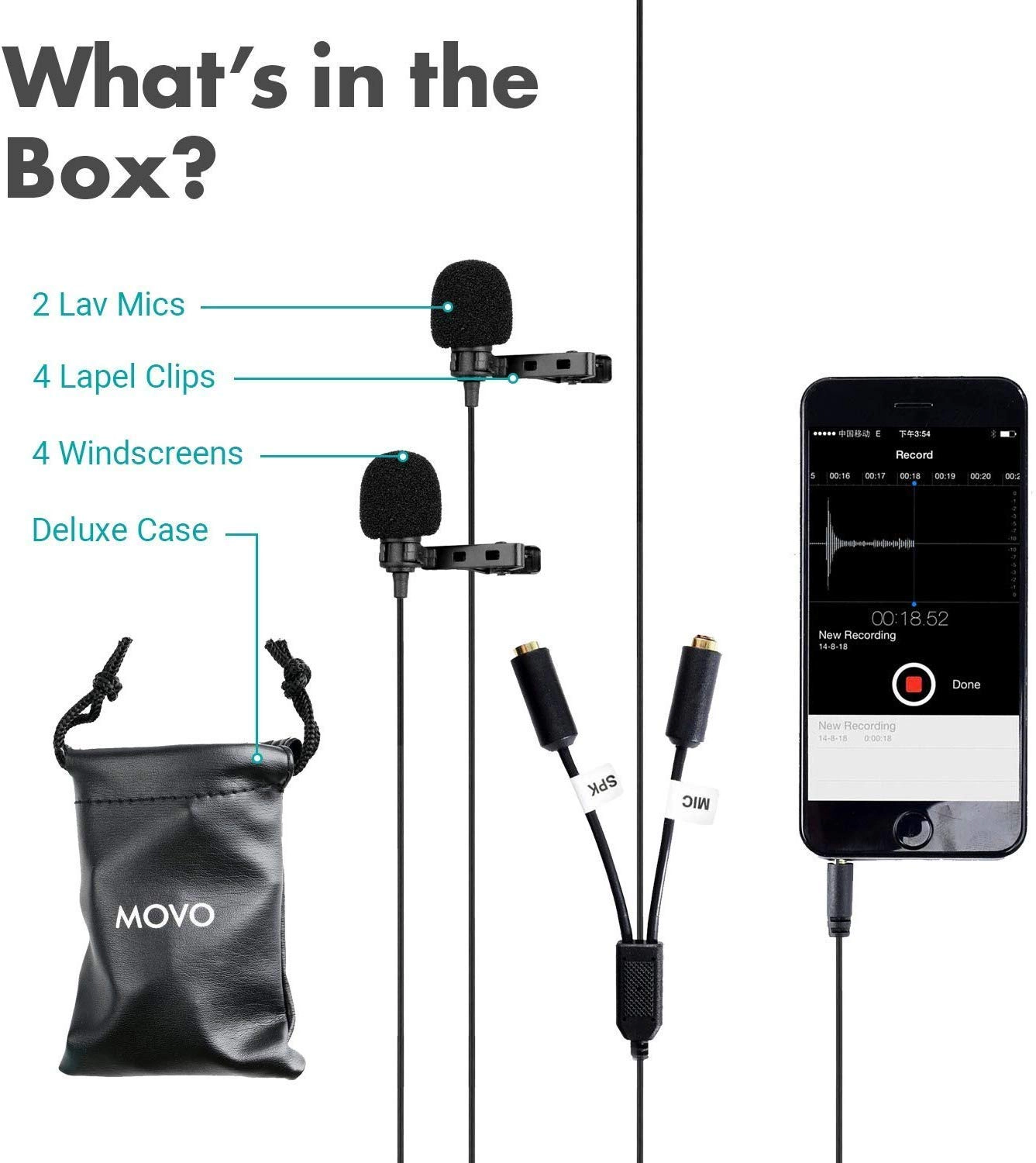 Movo Professional Lavalier Lapel Clip-on Interview Podcast Microphone with Secondary Mic and Headphone Monitoring Input