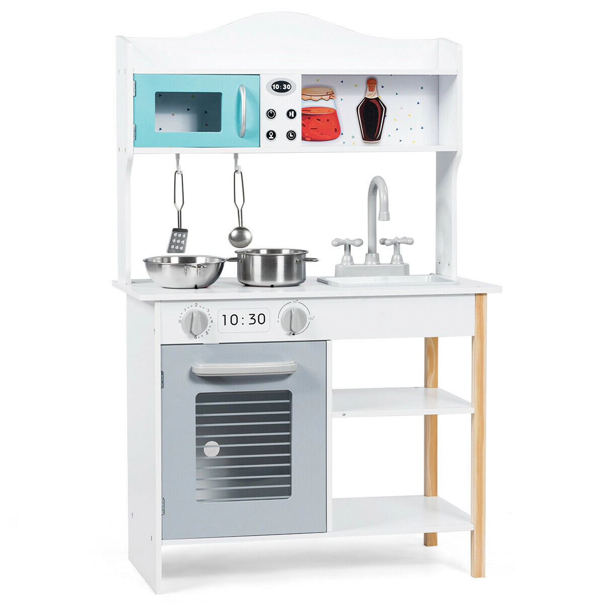 SUGIFT White Stove Sink and Storage Shelves Kids Wooden Play Kitchen Cookware Set