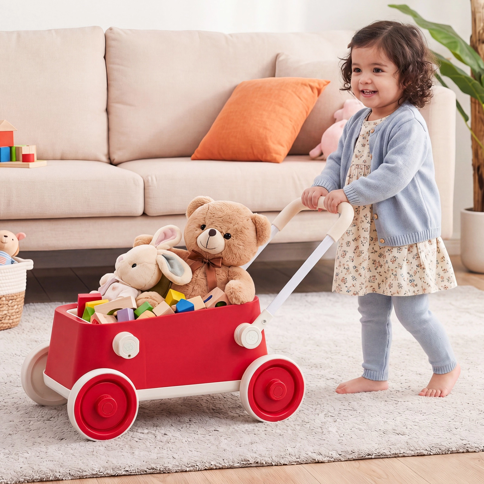 SUGIFT Red Wheels Foldable Handlebar and Storage Basket Baby Push Walker