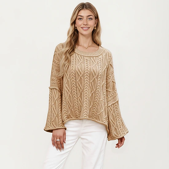 Anna-Kaci Women's Cable Knit Pullover Sweater with Relaxed Fit and Wide Cuff Sleeves