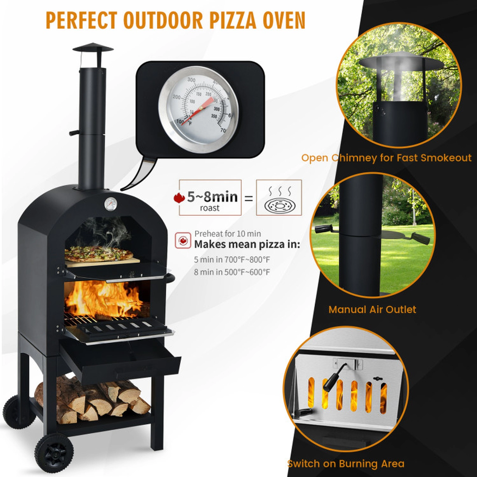 SUGIFT Black Portable Outdoor Pizza Oven with 12-in Stone and Waterproof Cover 23.2-in W 18.1-in D 63.8-in H