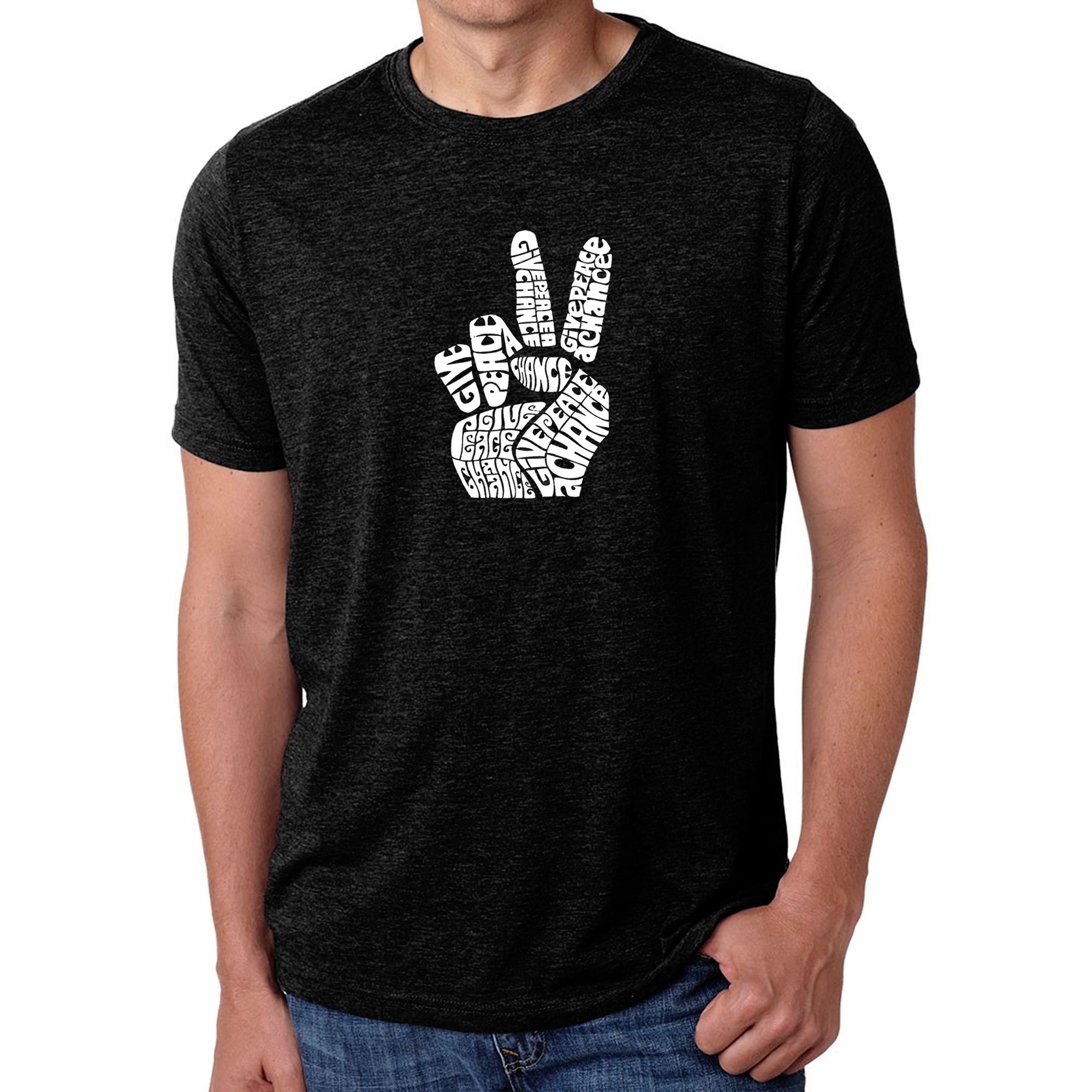 LA Pop Art Men's Cotton/Poly Blend Word T-Shirt - PEACE FINGERS