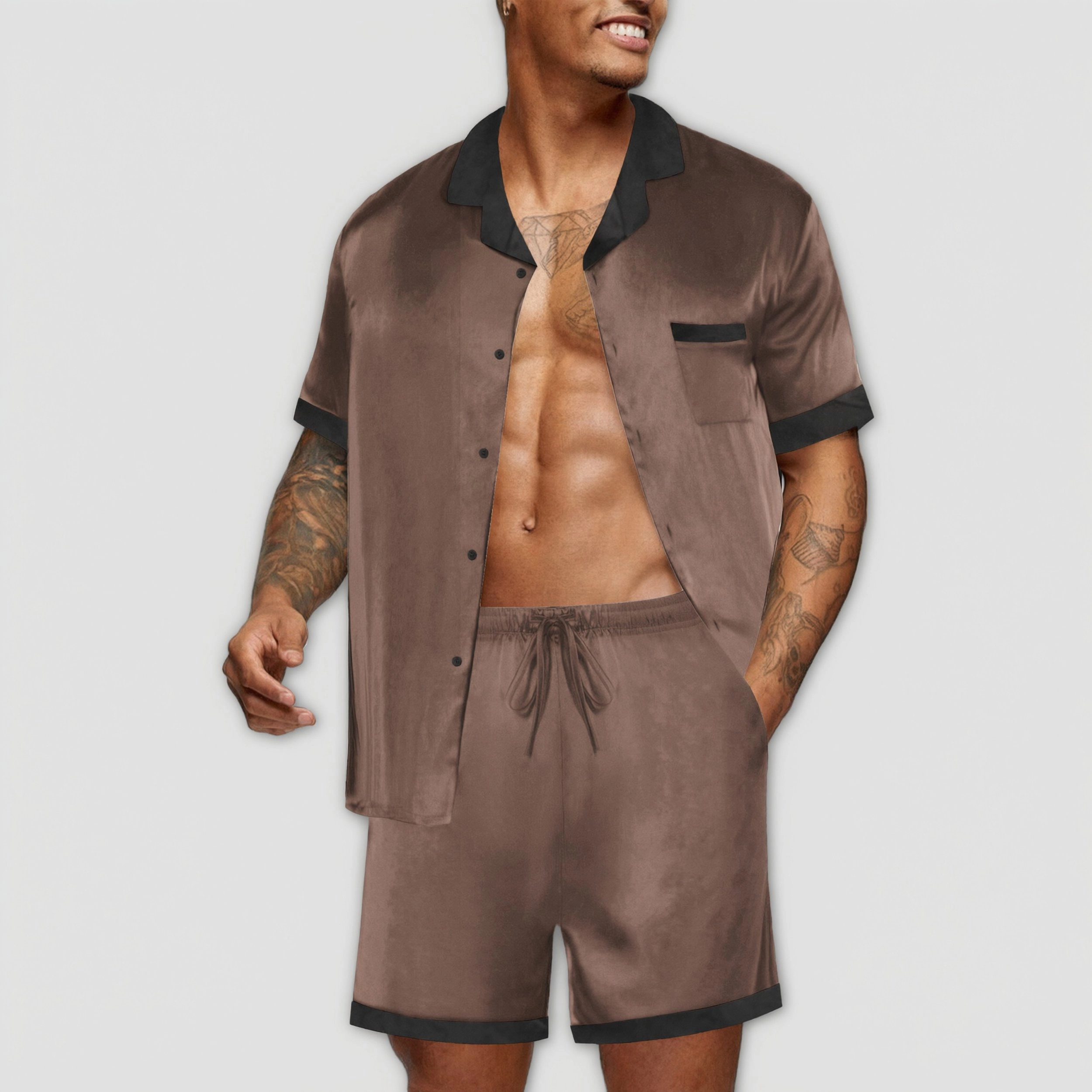 Ekouaer Men Satin Silk Pajamas Set Sleepwear Shorts Summer Loungewear Two Piece Button Down