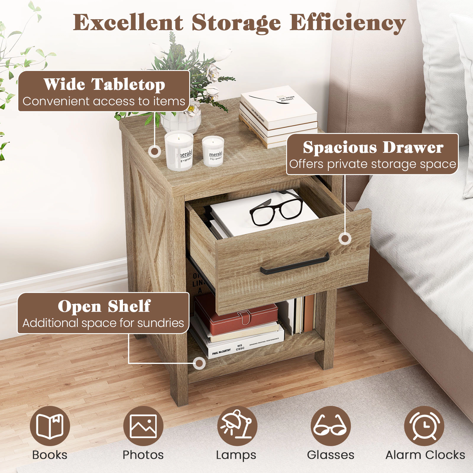 Hivvago Wooden Bedside Unit with Shelf and Pull-Out Drawer