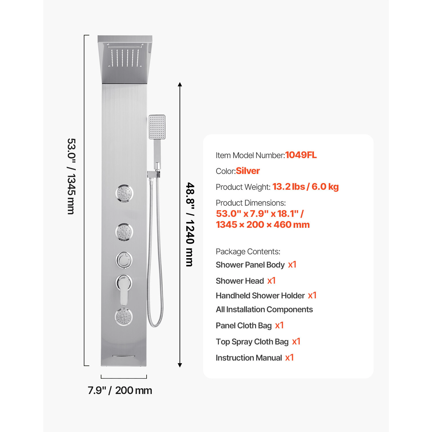 HONGGE 5-Function Shower Tower Panel, Rainfall & Waterfall with 3 Body Jets, 53 in Brushed Stainless Steel Shower Column