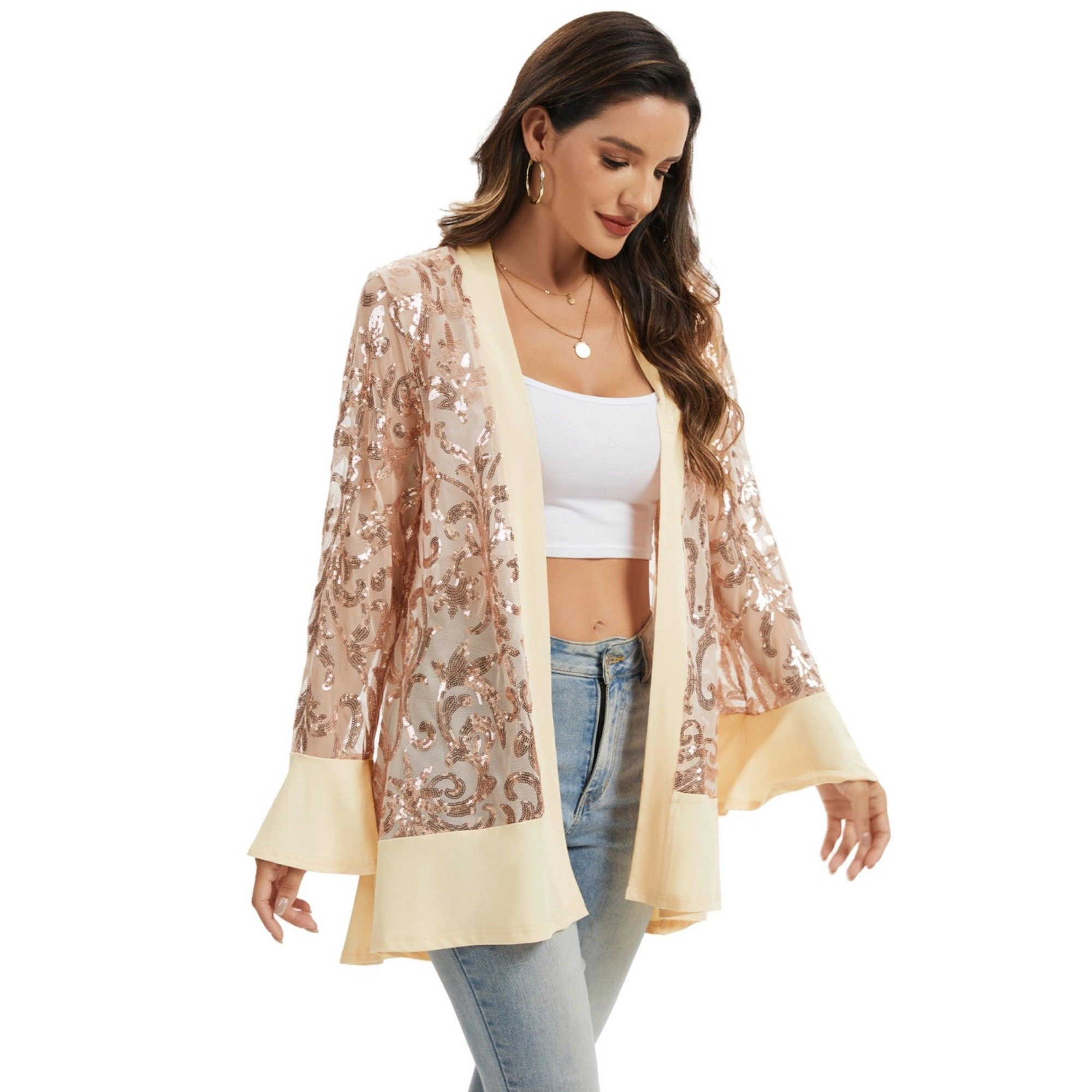 Anna-Kaci Women's Sequin Mesh Cardigan with Sheer Embellished Sleeves and Flowing Open Front Design for Layering Style