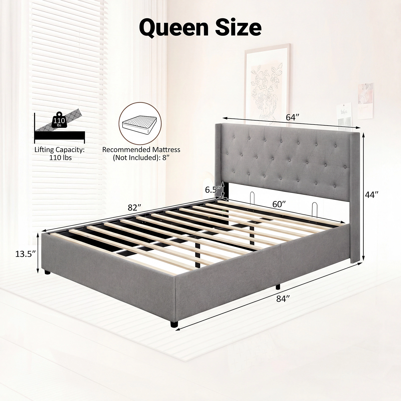 SUGIFT Queen Lift-Up Storage Bed, Gray Linen Upholstered Platform with Tufted Wingback Headboard