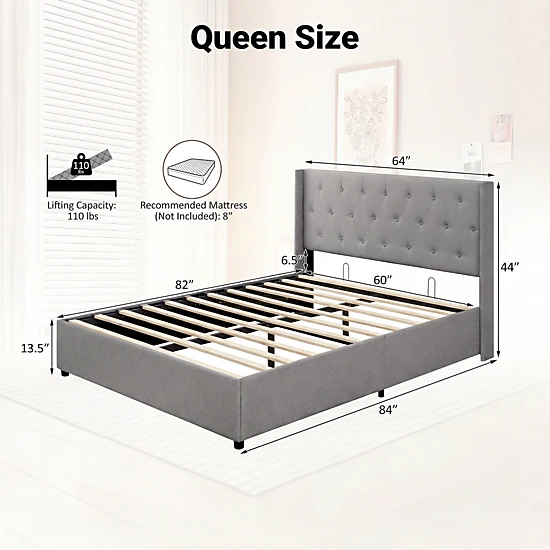 SUGIFT Queen Lift-Up Storage Bed, Gray Linen Upholstered Platform with Tufted Wingback Headboard