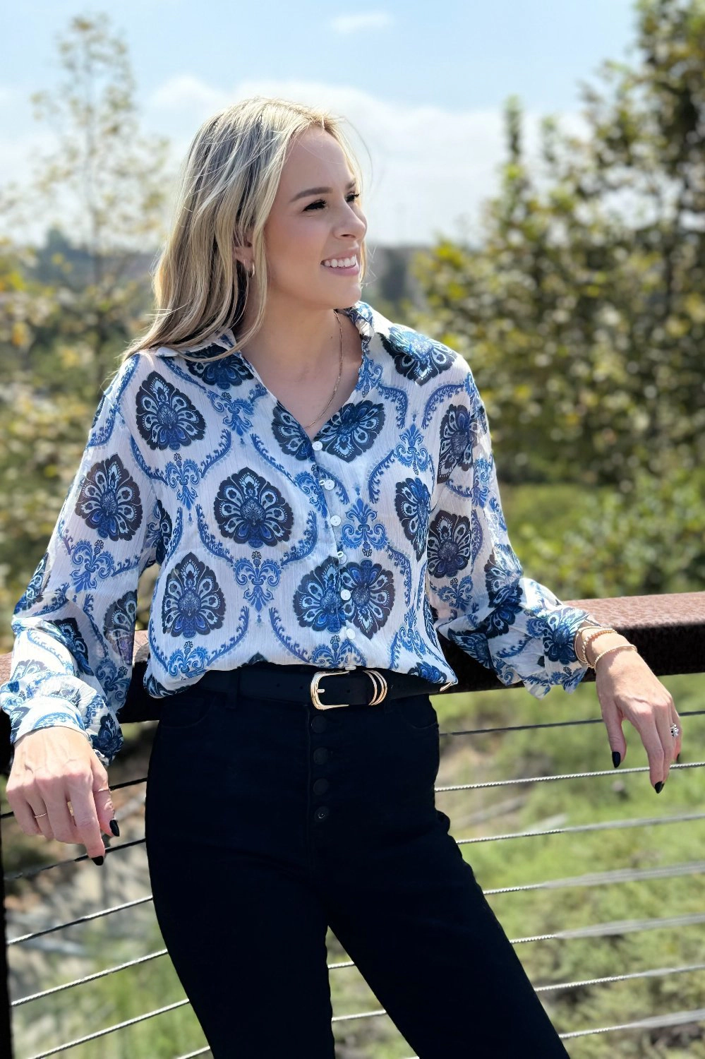Threaded Pear Women's Mila Pattern Button Top
