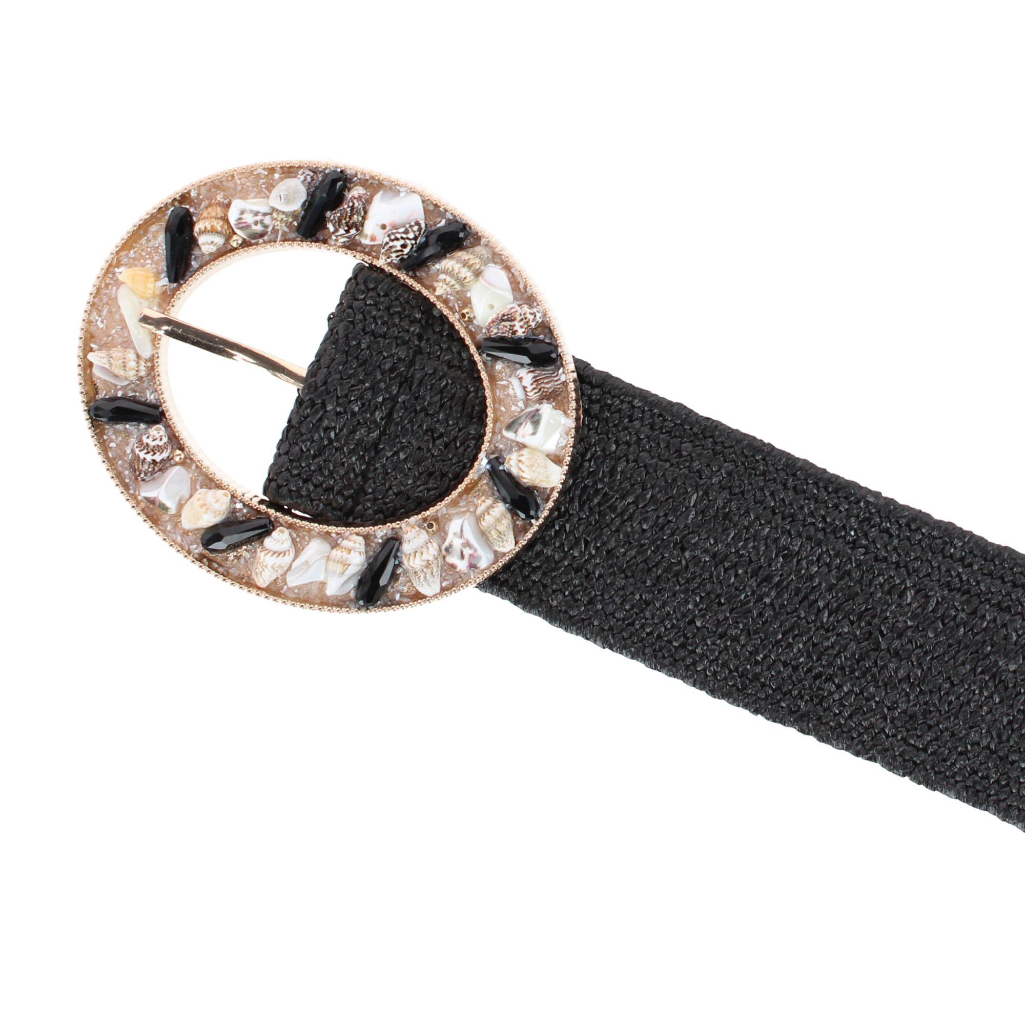 CTM Women's One Size Raffia Stretch Belt with SeaShell Buckle