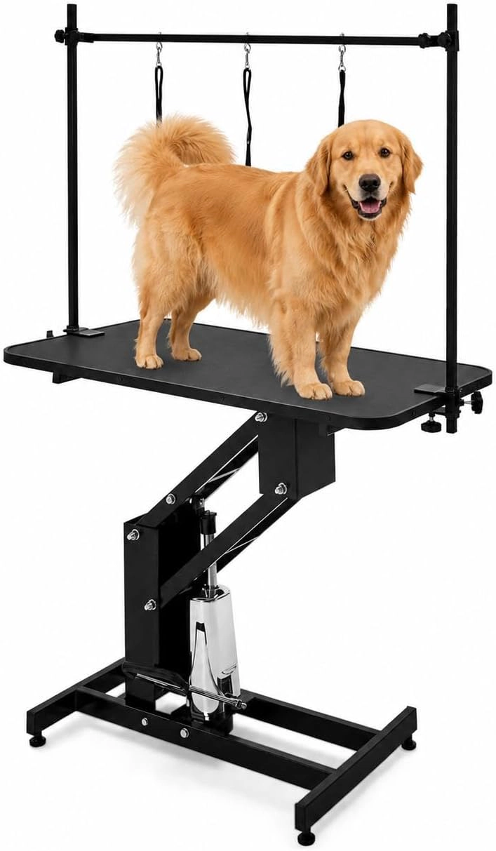 43.3" x 23.6" Hydraulic Dog Grooming Table, 350 lb Capacity, Non-Slip Top, 3 Nooses, Black