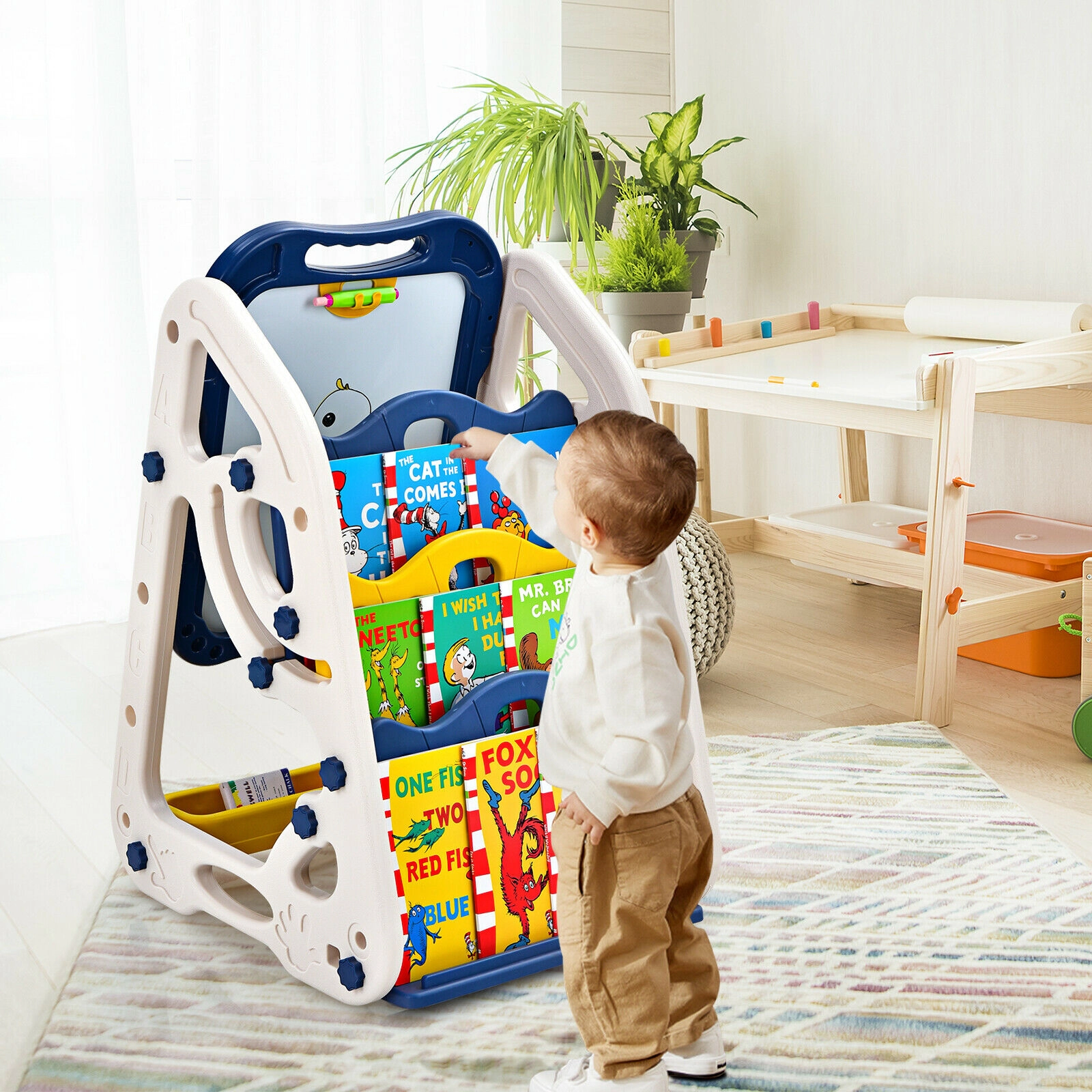 3-in-1 Kids Art Easel Double-Sided Whiteboard Chalkboard Bookshelf 32-Piece Accessory Set Ages 3 and Up Blue