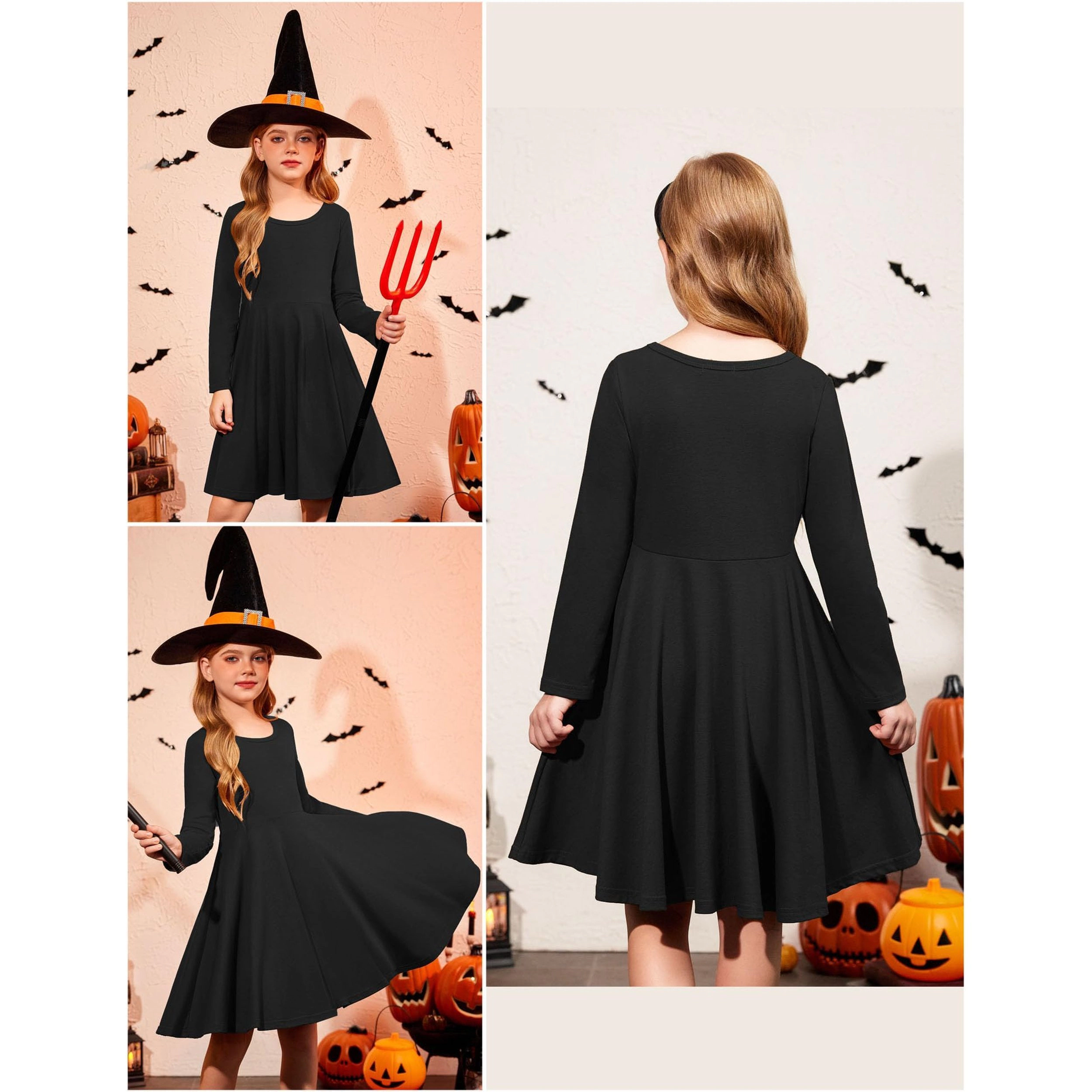 Arshiner Girls Long Sleeve Stretchy Dress A Line Twirly Skater School Party
