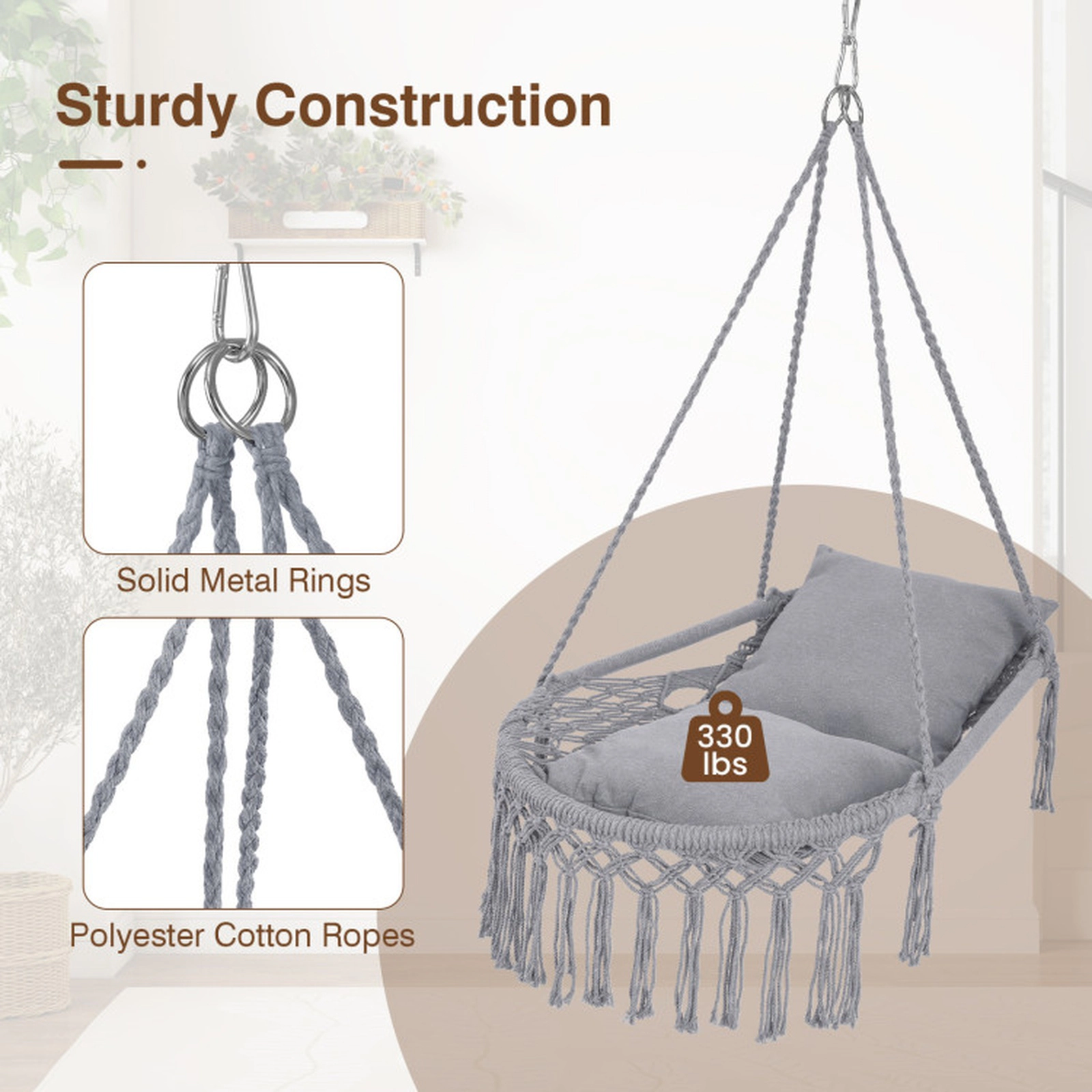 SUGIFT Gray Macrame Hanging Chair Swing with Removable Cushions and Boho Fringe