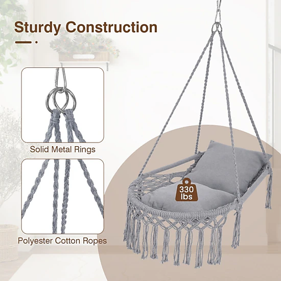 SUGIFT Gray Macrame Hanging Chair Swing with Removable Cushions and Boho Fringe