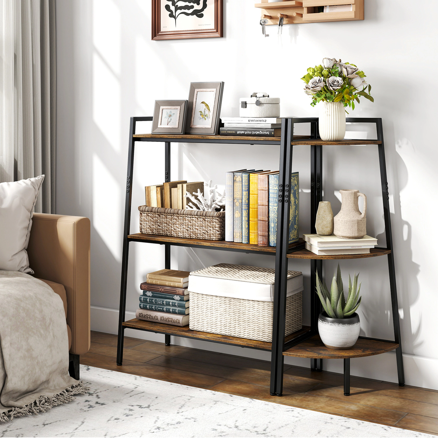 LJG 3-Tier Ladder Shelf and Corner Shelf Set with Metal Frame