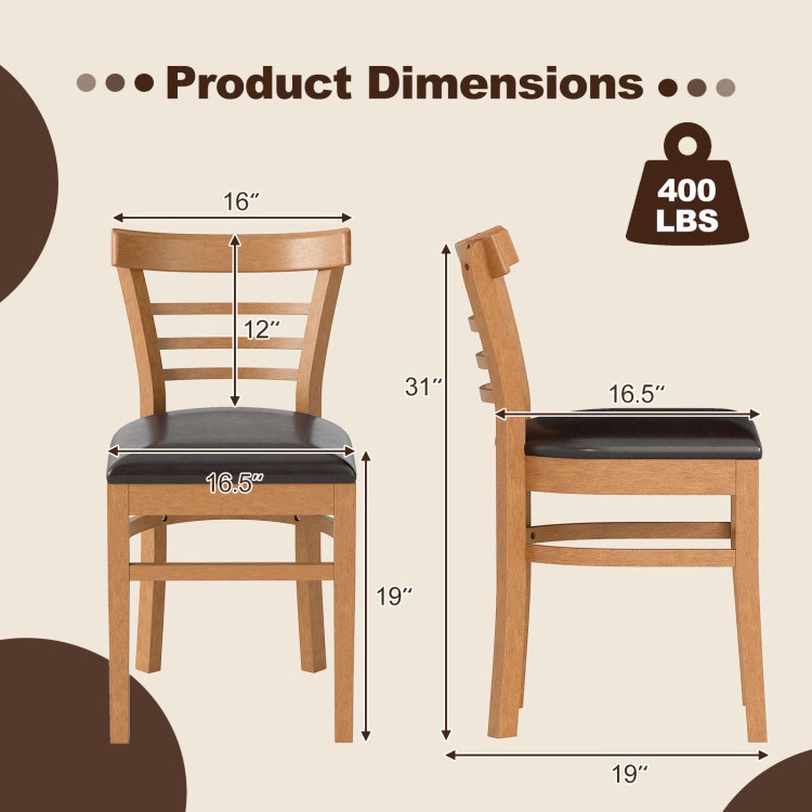 SUGIFT Set of 2 Wooden Dining Chairs with Rubber Wood Legs 400-lb Capacity 19-in Seat Height Brown and Black