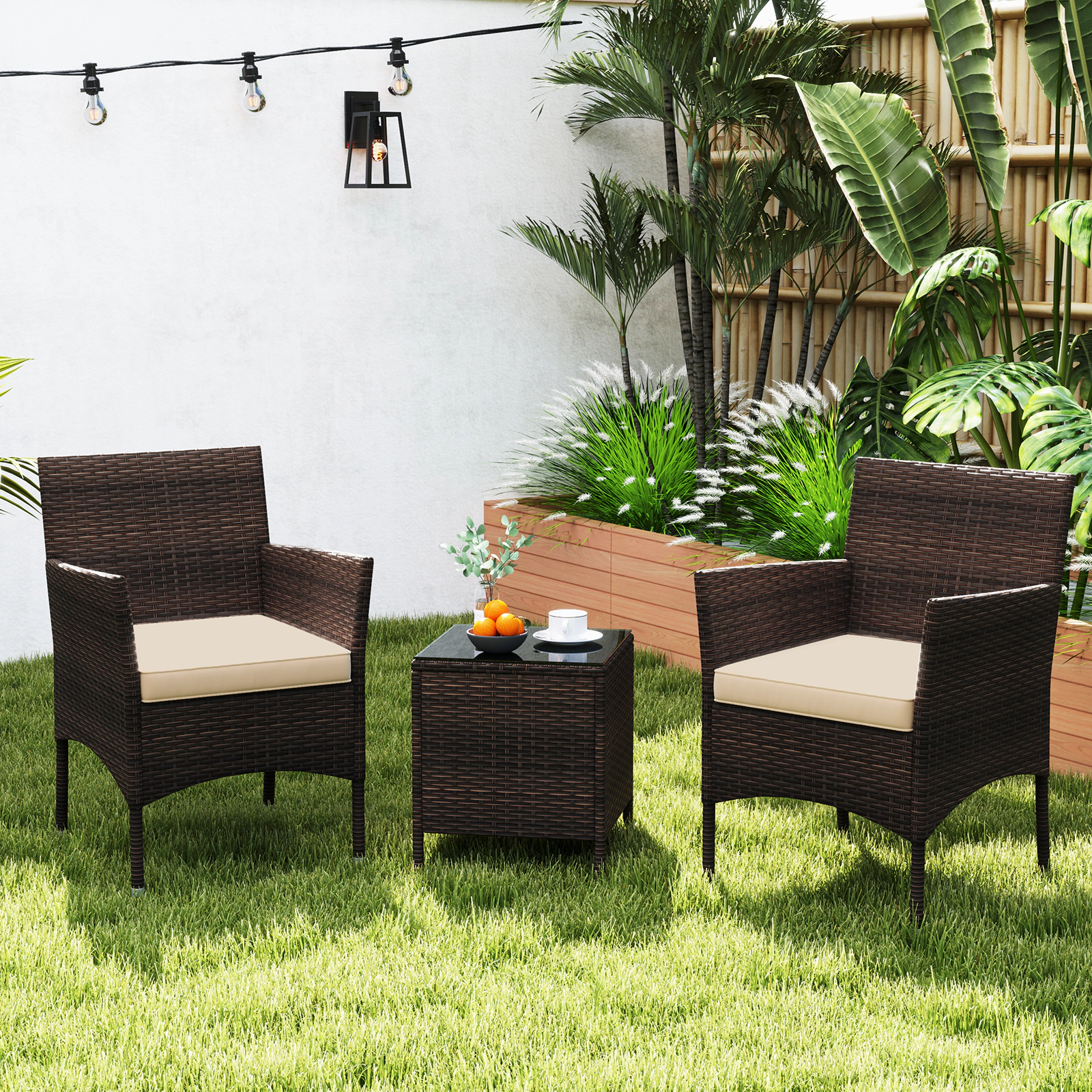 SUGIFT 3-Piece Brown Wicker Balcony Conversation Set with Glass Table and Cushions