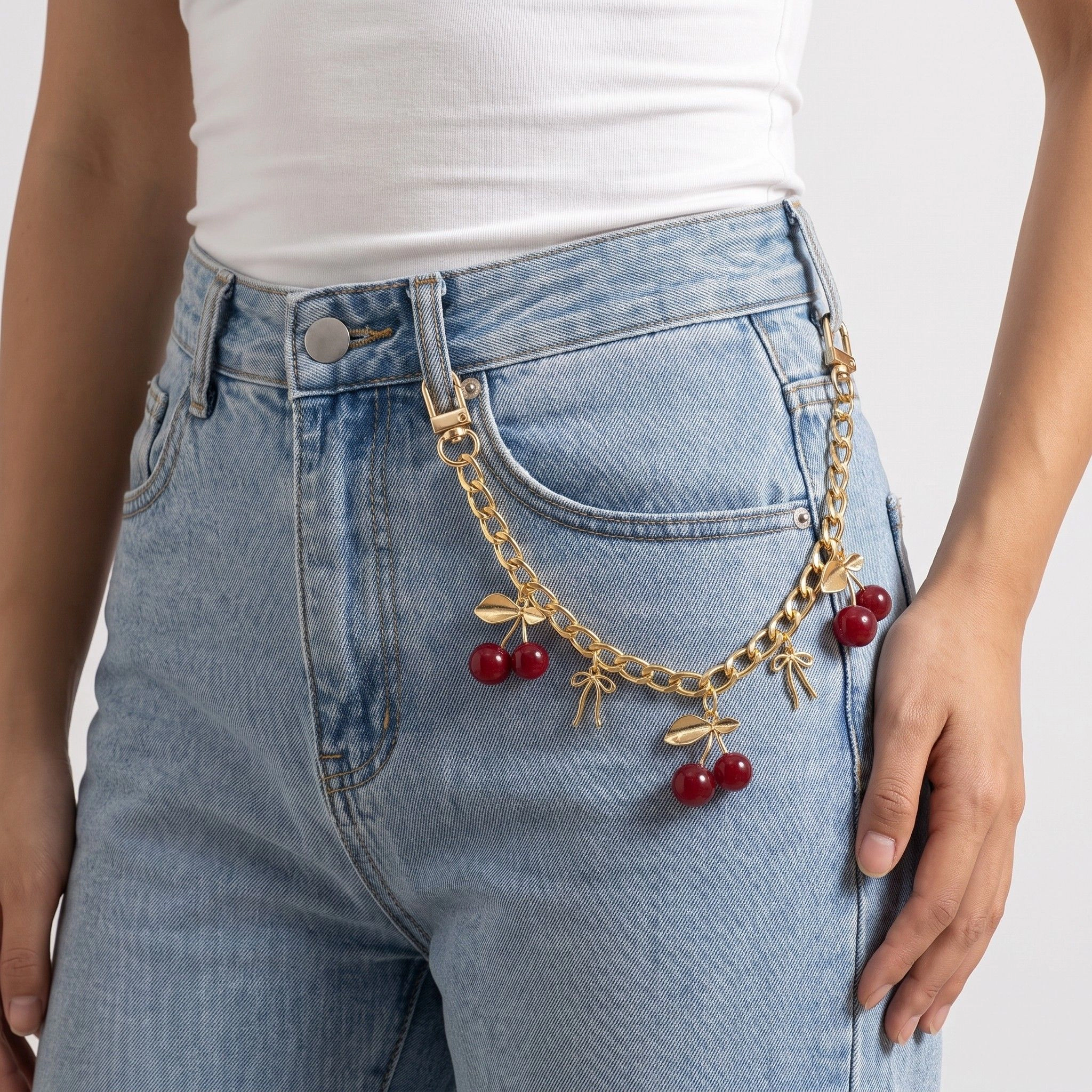 Alilang Women's Cherry Charm Decorative Bag Chain with Double Clasps and Gold-Tone Hardware, Branch Charms