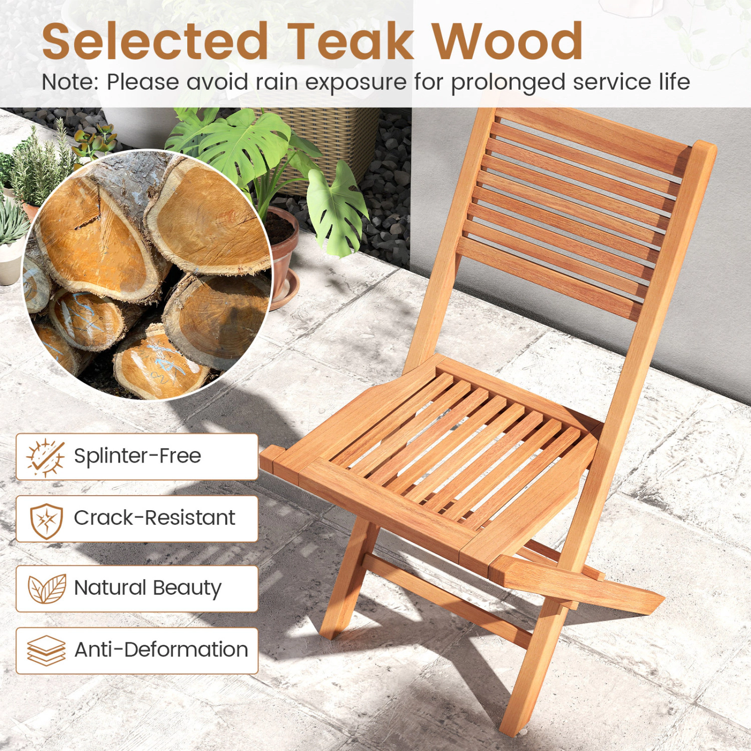 LJG Teak Wood Folding Patio Chairs Set of 2 with Slatted Seat & Portable Design for Deck