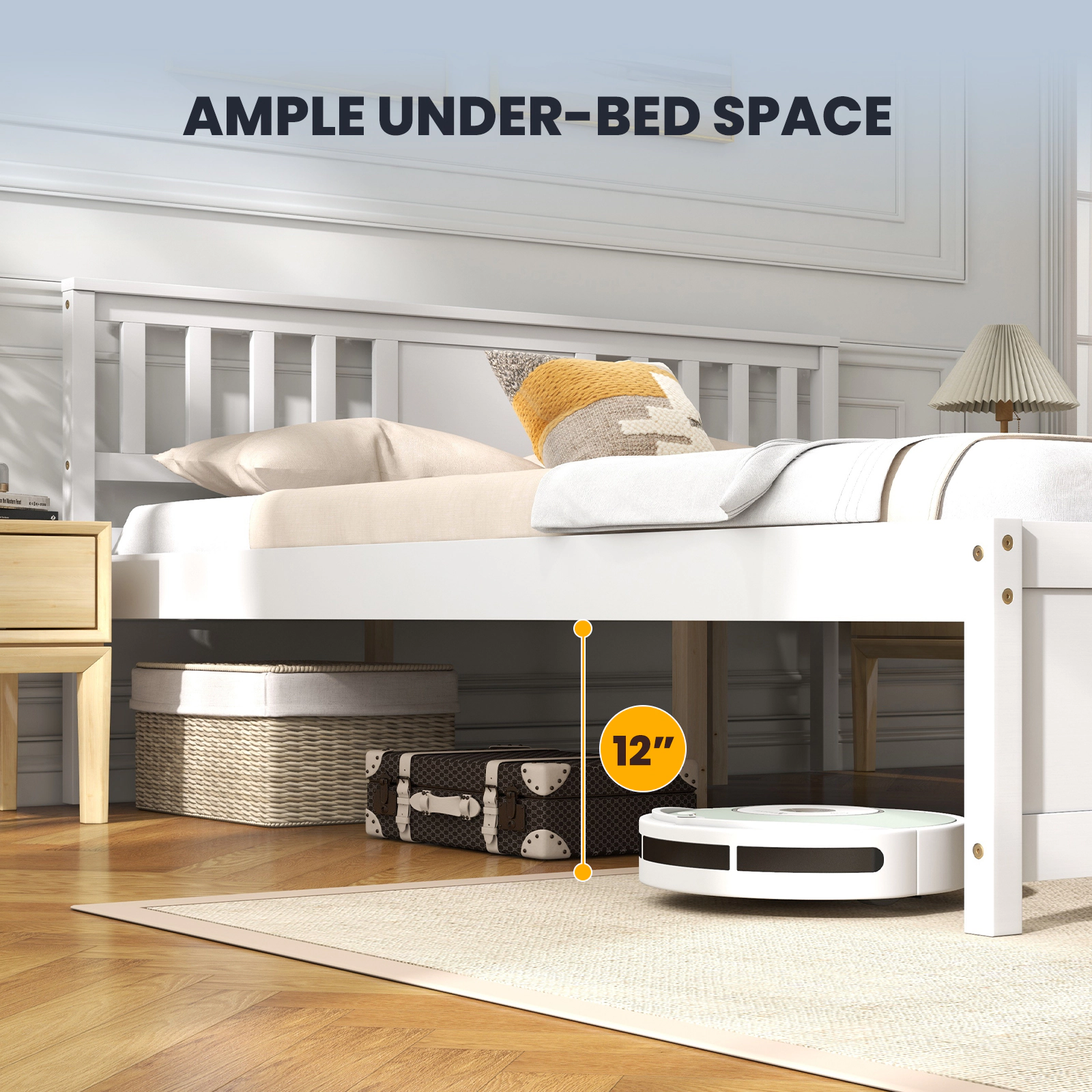 SUGIFT White Slat Headboard and Wood Slat Support Full Size Wooden Platform Bed