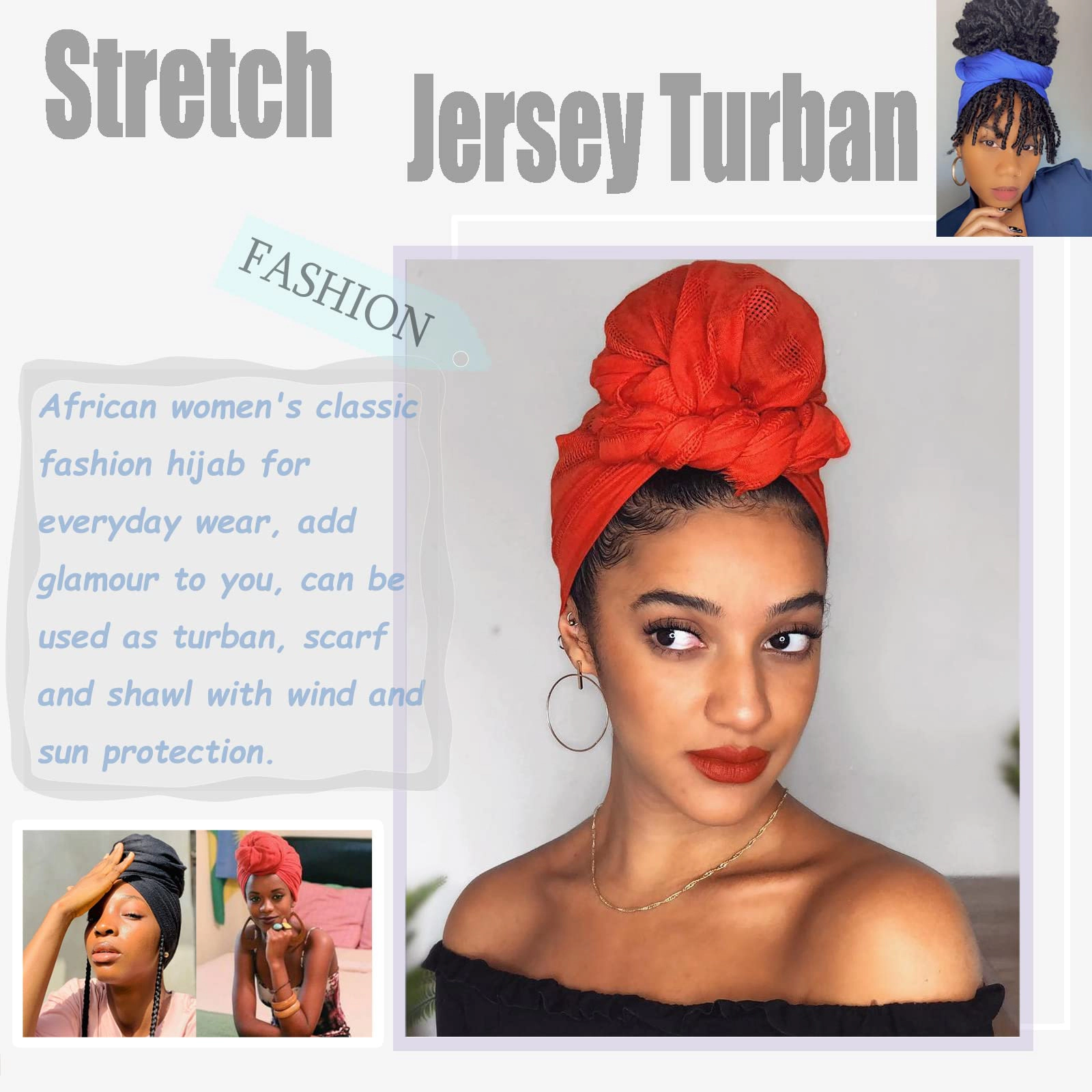 5 Pcs Stretch Jersey Headwrap Scarf Turban for Black Women, Boho Extra Long Soft Breathable Easy Knot Hijab Tie
