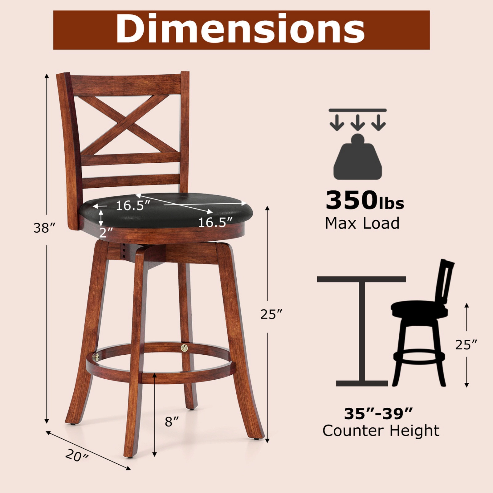 SUGIFT Set of 2 24-Inch Counter-Height Swivel Bar Stools, Rubberwood, Backrest and Footrest