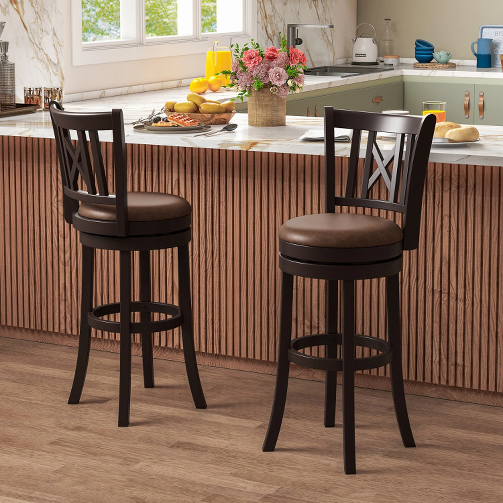 SUGIFT Set of 2 Swivel Bar Stools with Footrest and Hollowed Backrest 275-lb Capacity 30-in Seat Height Coffee & Brown