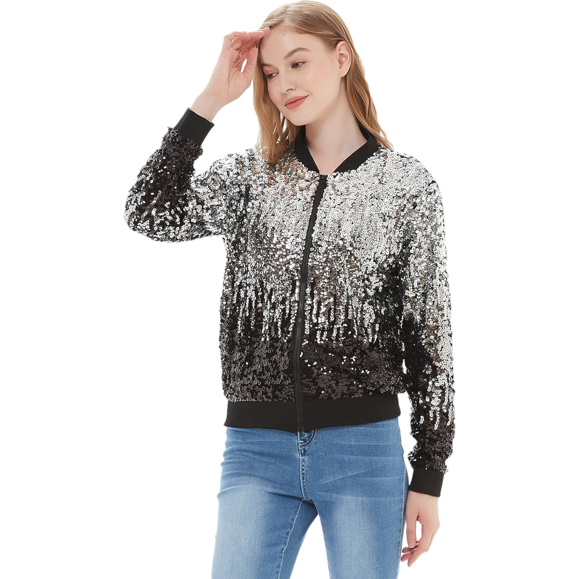 Anna-Kaci Women's Sequin Bright Zig Zag Ombre Sparkle Bomber Zip-Up Jacket with Casual Fit