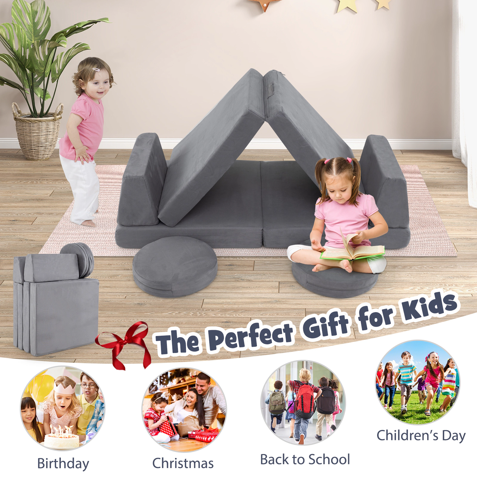 SUGIFT 6-Piece Modular Kids Foam Play Couch Chair Set with Washable Velvet Covers 50.5-in Wide Ages 3+ Gray