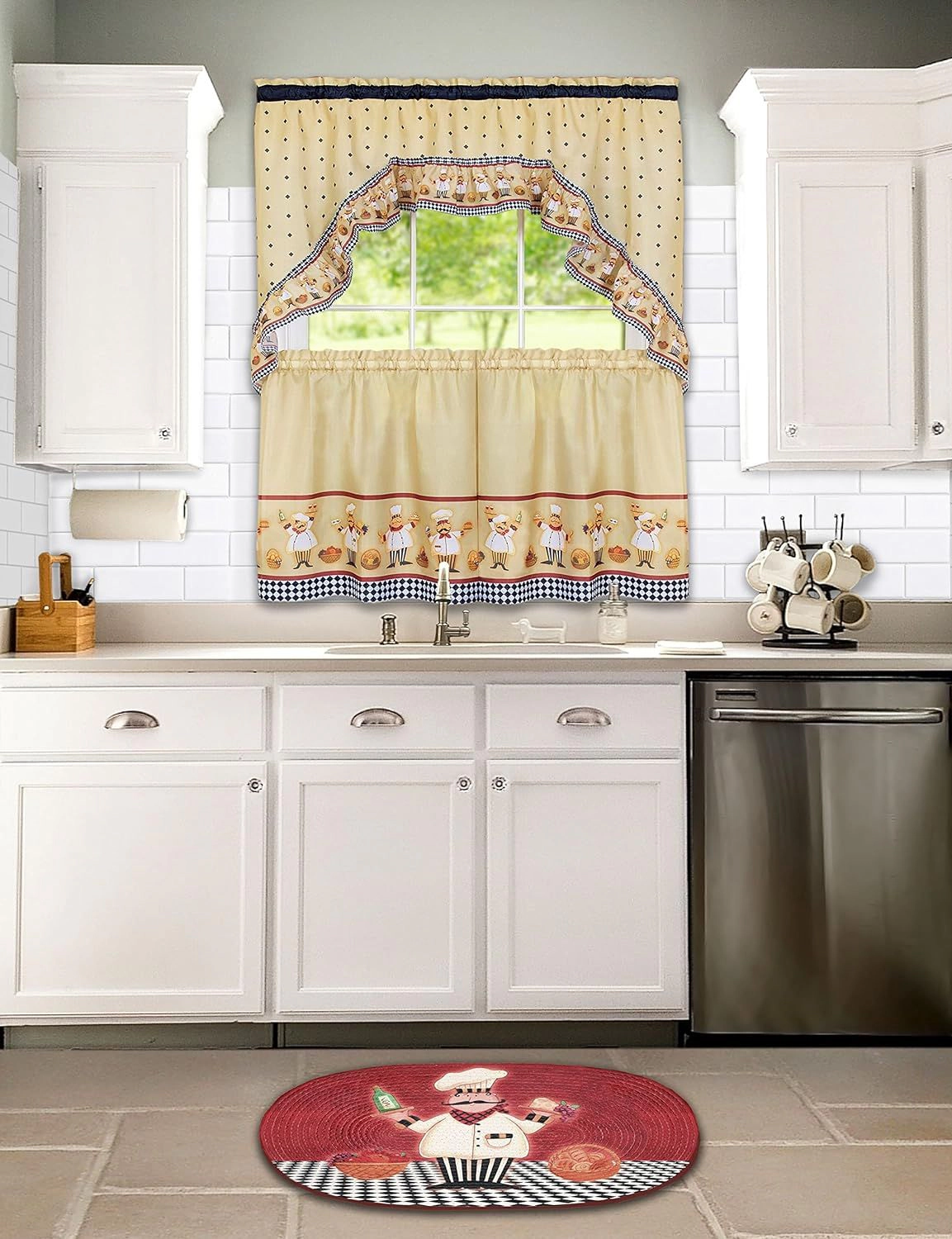 Kate Aurora Fat Chef Cucina Rod Pocket Cafe Kitchen Curtain Tier and Swag Valance Set