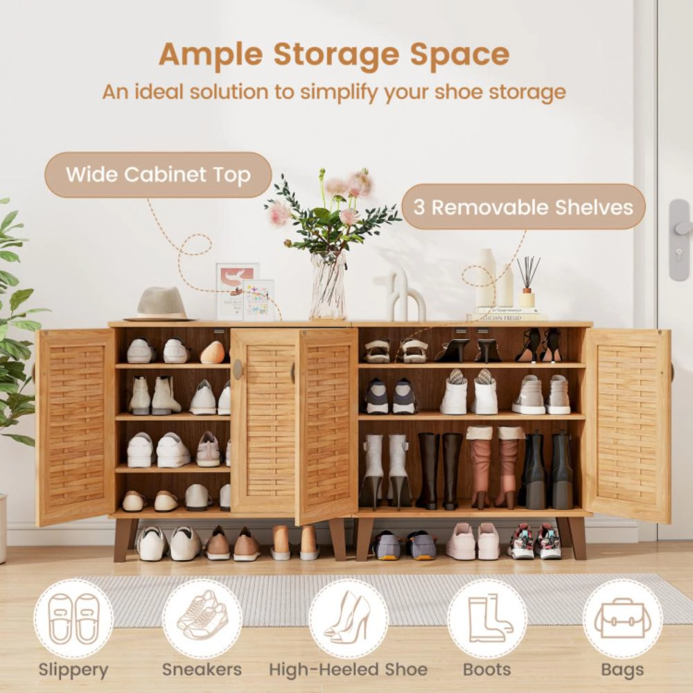 Hivvago 2-Door 4-Tier Shoe Cabinet Storage Organizer with Ventilated Woven Doors-Teak