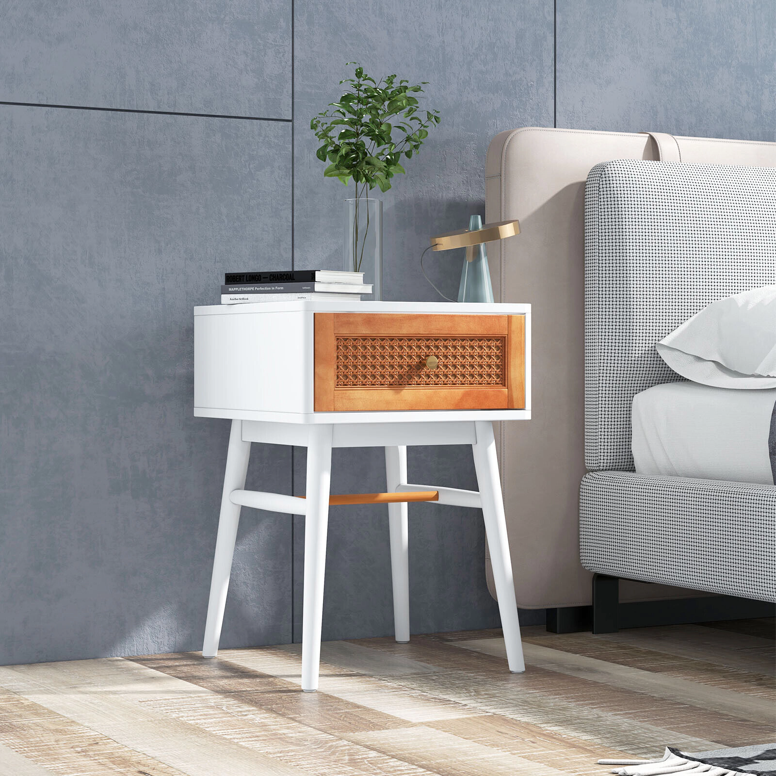 Glintex 1-Drawer Bedside Table with Rattan Front Panel and Solid Pine Wood Legs, White