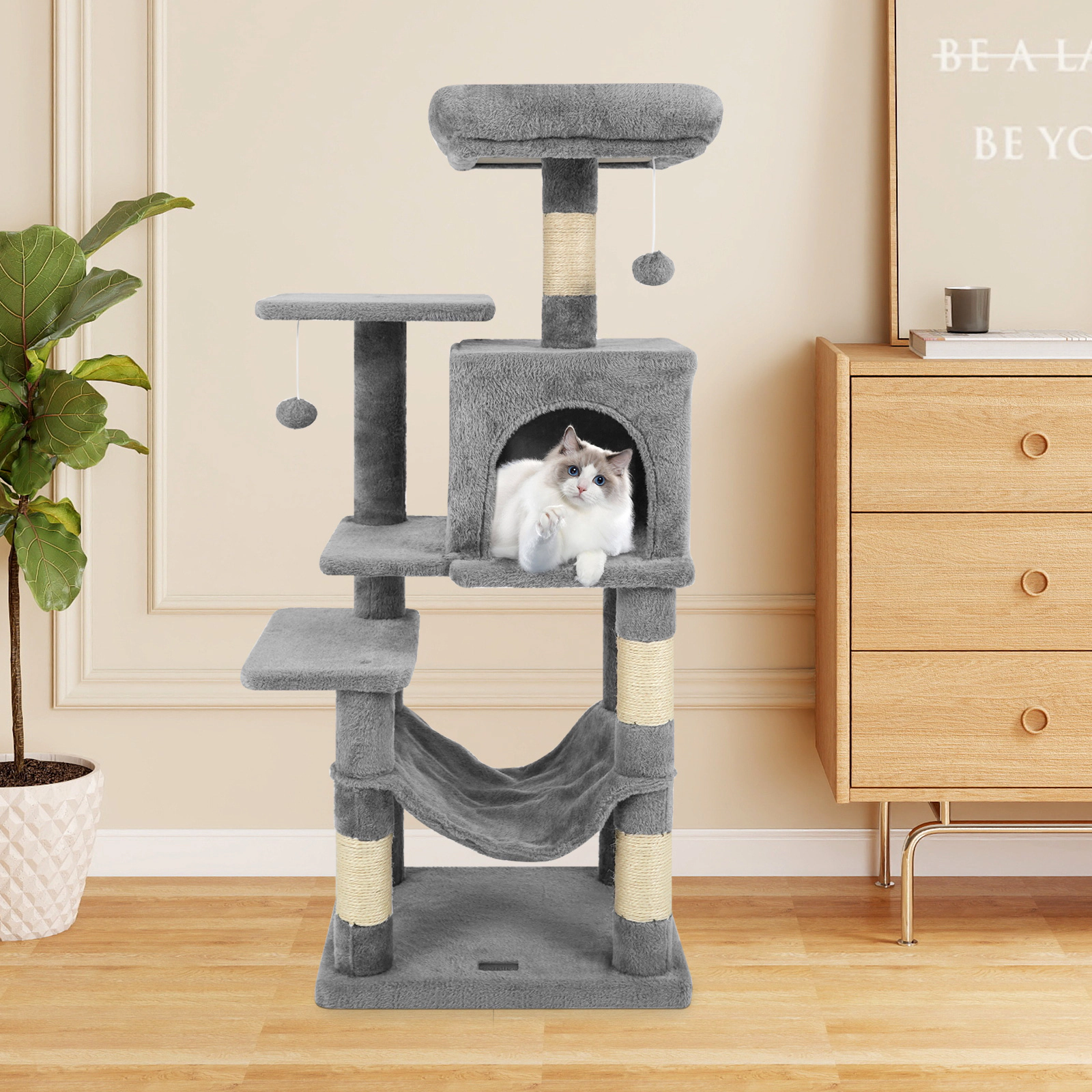 SUGIFT Multi-Level Cat Tower with 2-Door Condo and Padded Top Perch with Hammock and Scratching Posts Light Gray