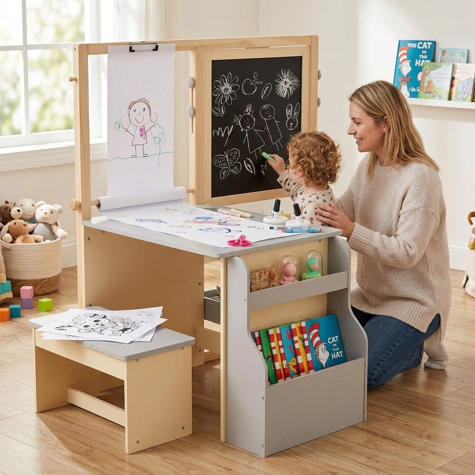 SUGIFT Kids Art Table and Bench Set with Double-Sided Easel, Magnetic Whiteboard, Chalkboard, Paper Roll, Gray