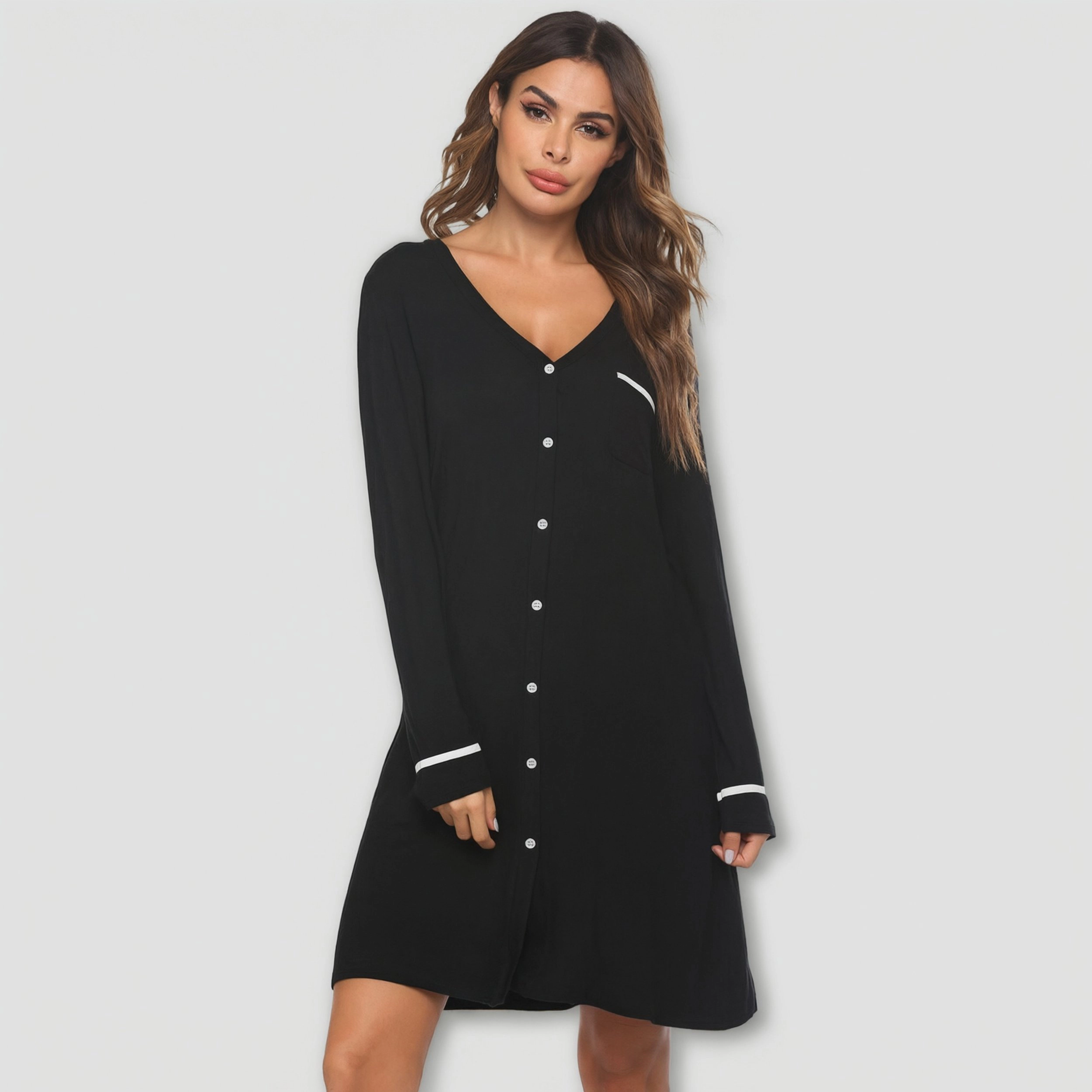Ekouaer Womens Nightgown V Neck Sleepwear Long Slevee Button Down Nightshirt