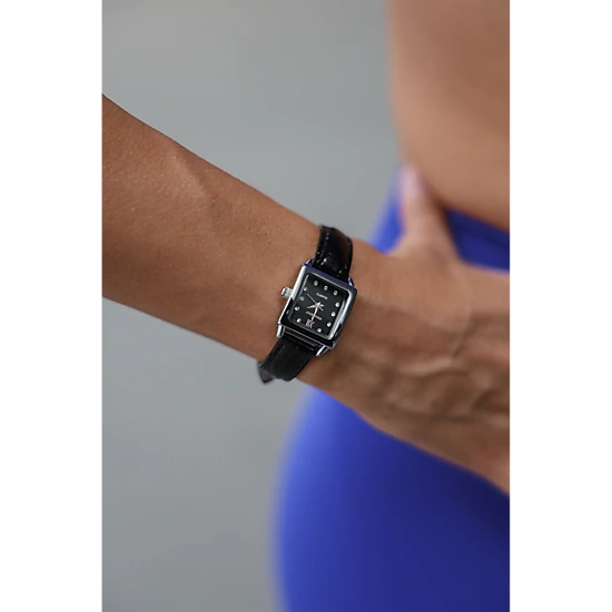 Peugeot Women's 20mm Square Watch with Glossy Black Leather Strap