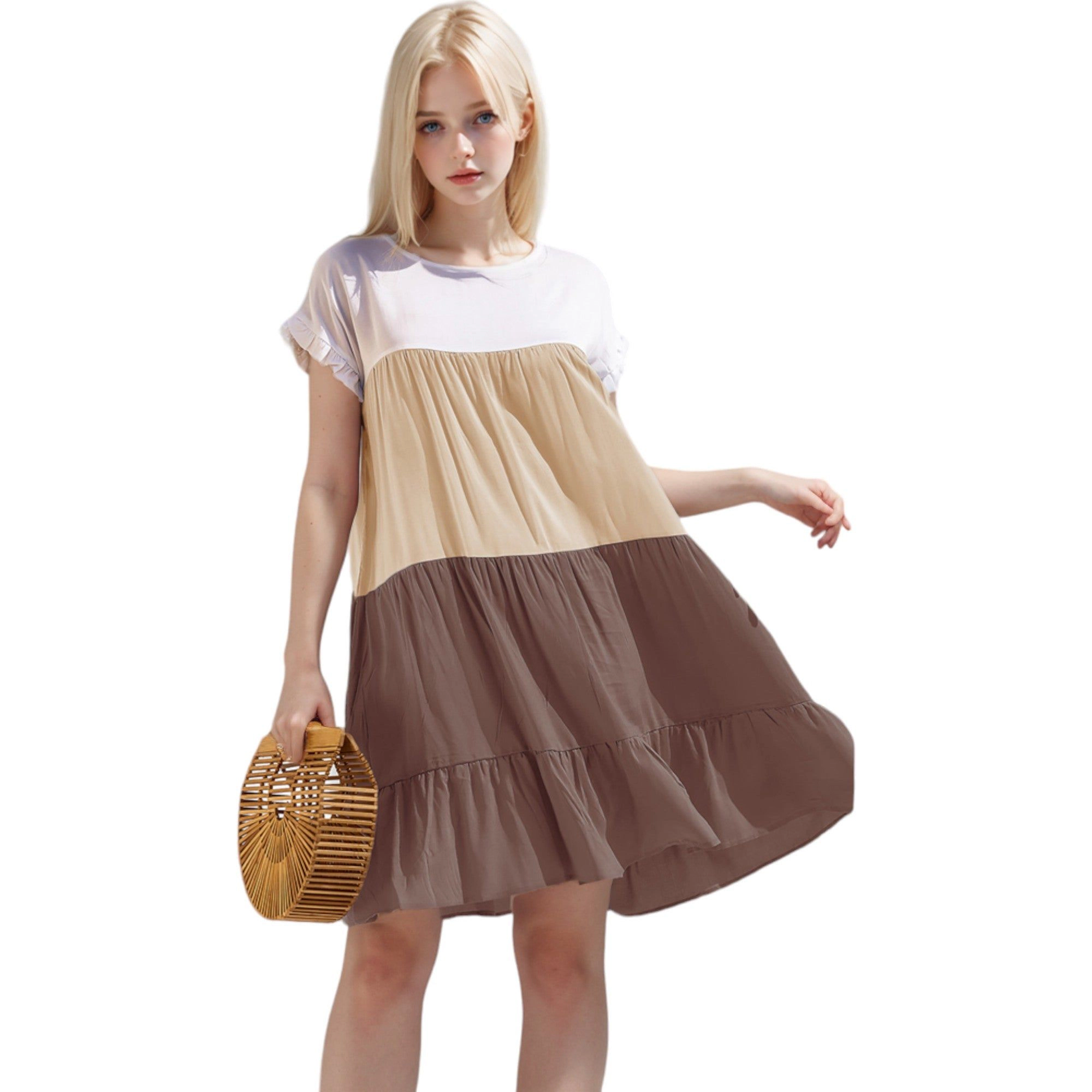 Anna-Kaci Women's Color Blocked Ruffle Dolman Sleeve Flared Loose Tunic Dress
