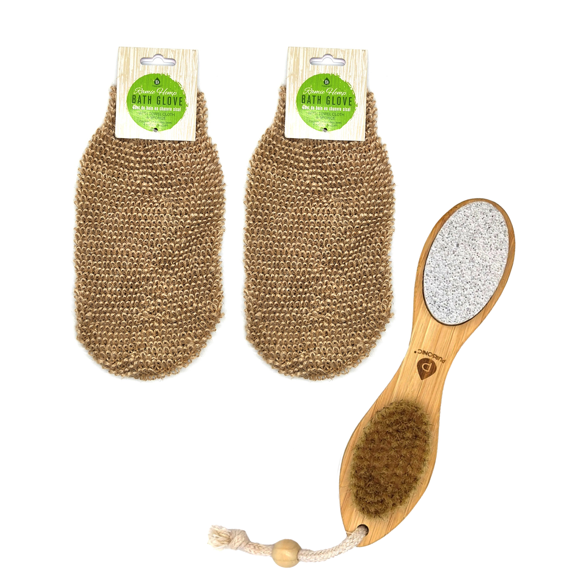 Pursonic Unisex Sisal Hemp Bath Glove & 4-in-1 Foot Scrubber Bundle