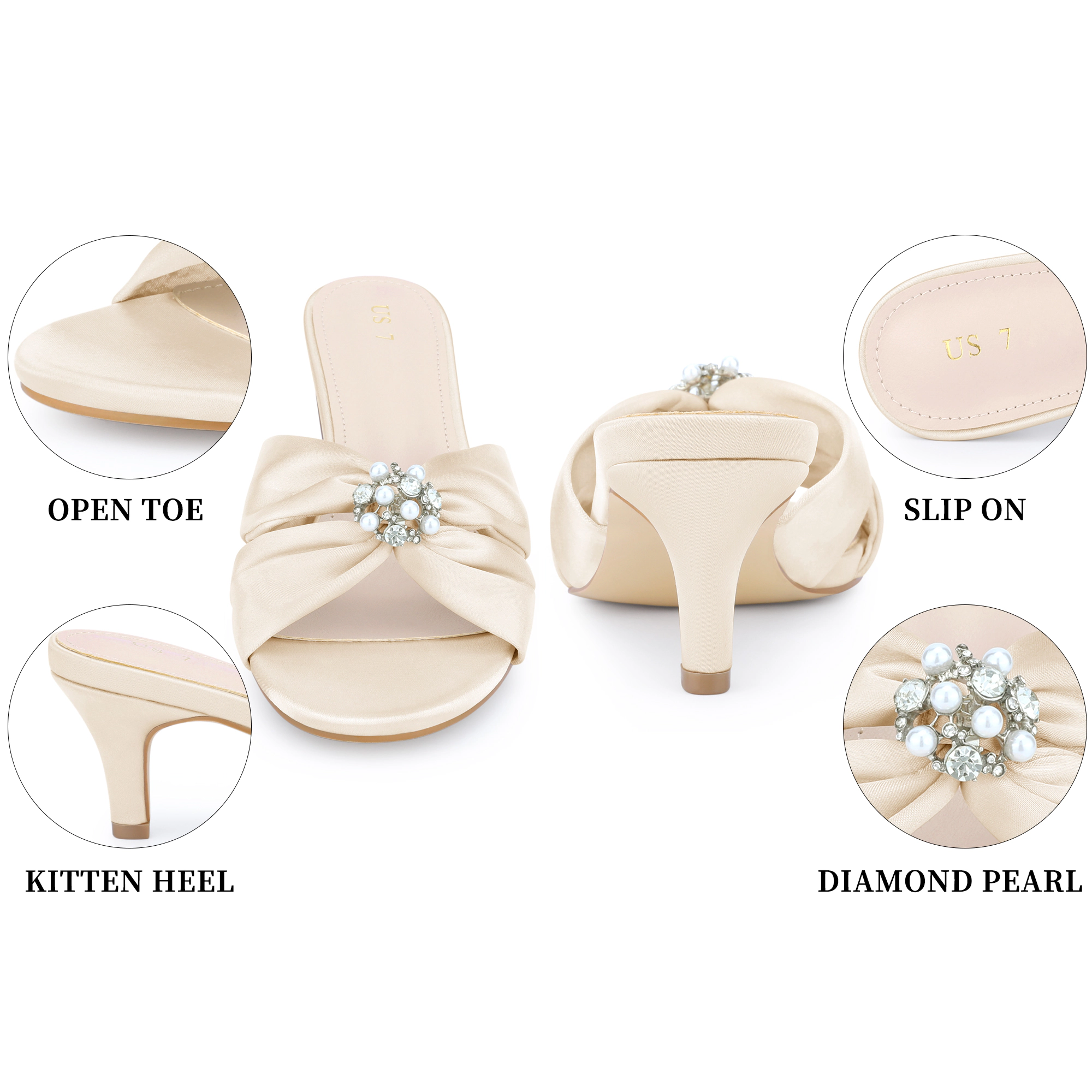 BLISSFUL STEP Women's Satin Rhinestone Pearl Slip on Slide Kitten Heel Sandals