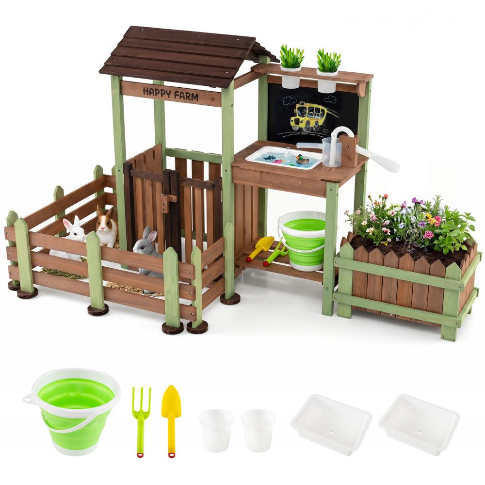 Hivvago Fir Wood Mud Farm Playset with Planter Box Lockable Yard and Faucet
