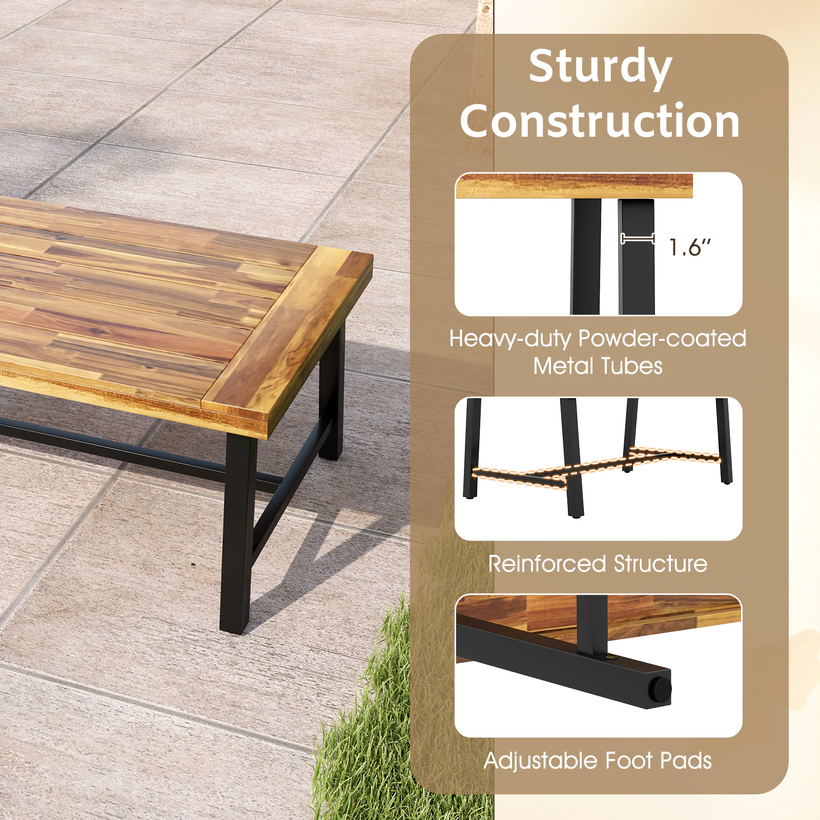 SUGIFT Thick 2-in Top Acacia Wood Coffee Table with Heavy-Duty Metal Legs 165-lb Capacity Natural + Black