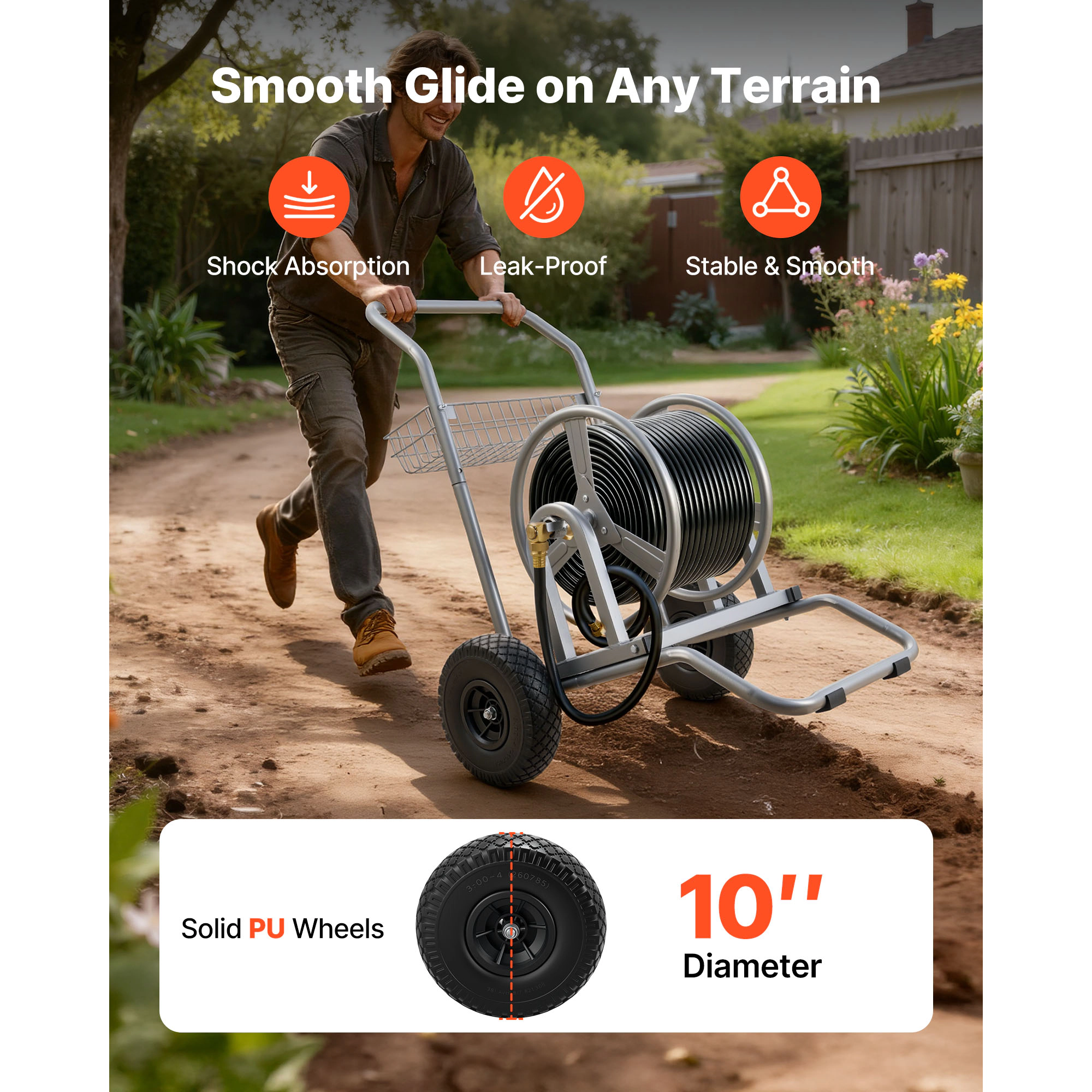 HONGGE Heavy-Duty Garden Hose Reel Cart with Two Wheels, Handle & Mesh Storage Basket, Portable for Garden Car