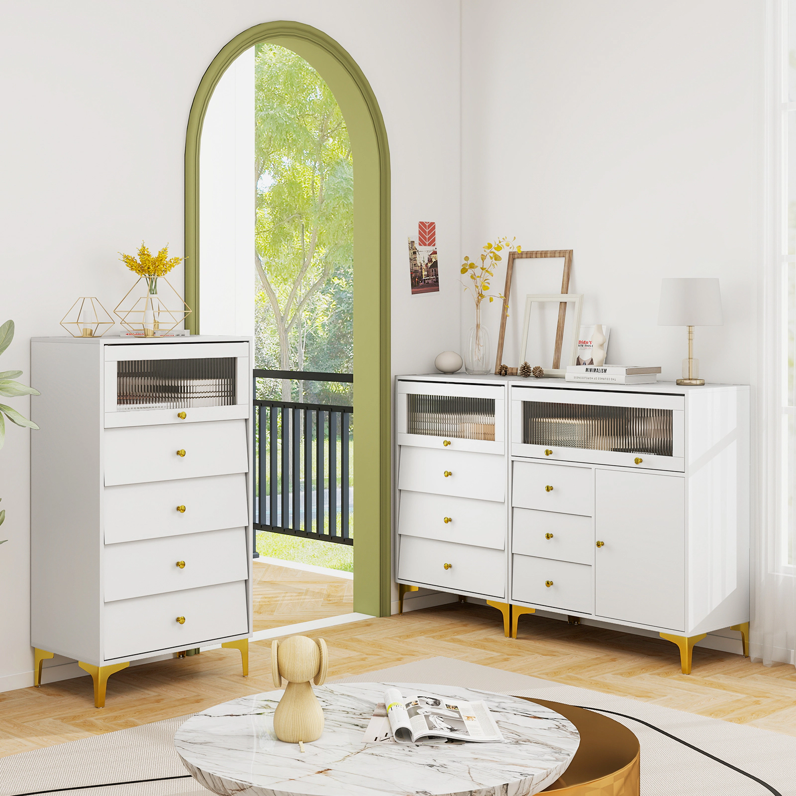 SlickBlue Accent Storage Cabinet with Drawers and Glass Door, Gray Organizer for Living Room Bedroom