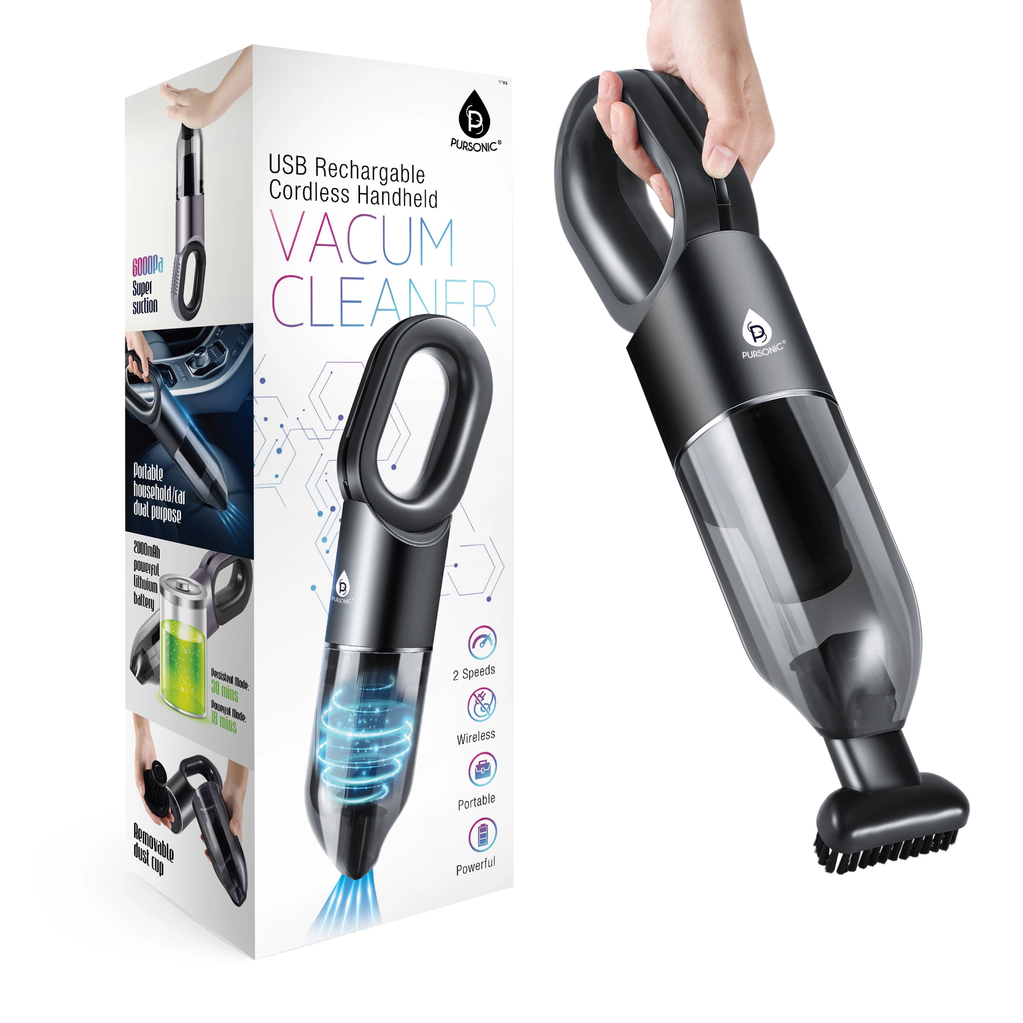 Pursonic Unisex Portable Cordless Handheld Vacuum Cleaner with USB Rechargeable Battery, 6000Pa Suction & Multi-Surface Cleaning