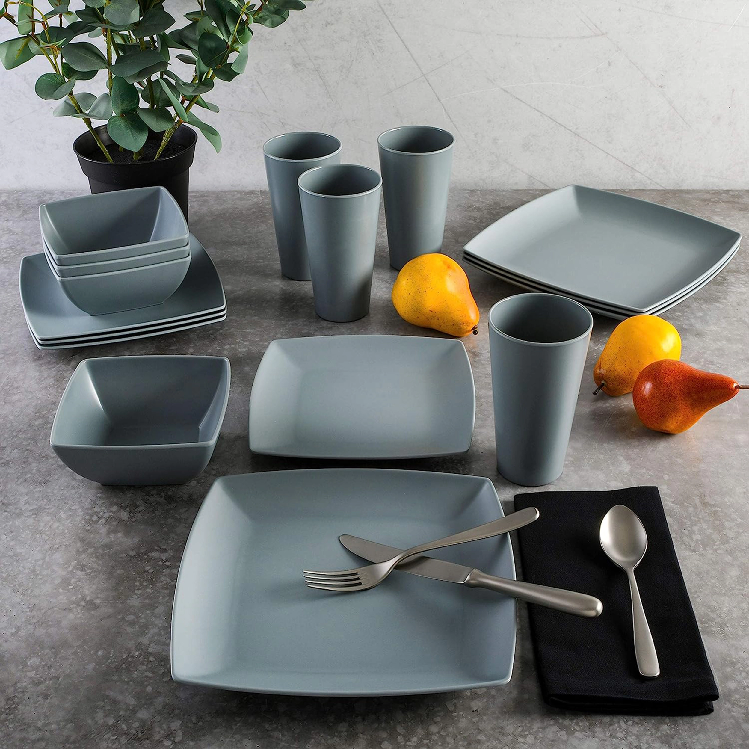 Gibson Home Grayson 16 Piece Square Melamine Dinnerware Set in Grey
