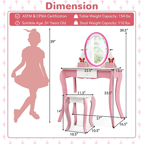 SUGIFT Kids Whiteboard Vanity Table and Stool Set with Rotating Mirror ...