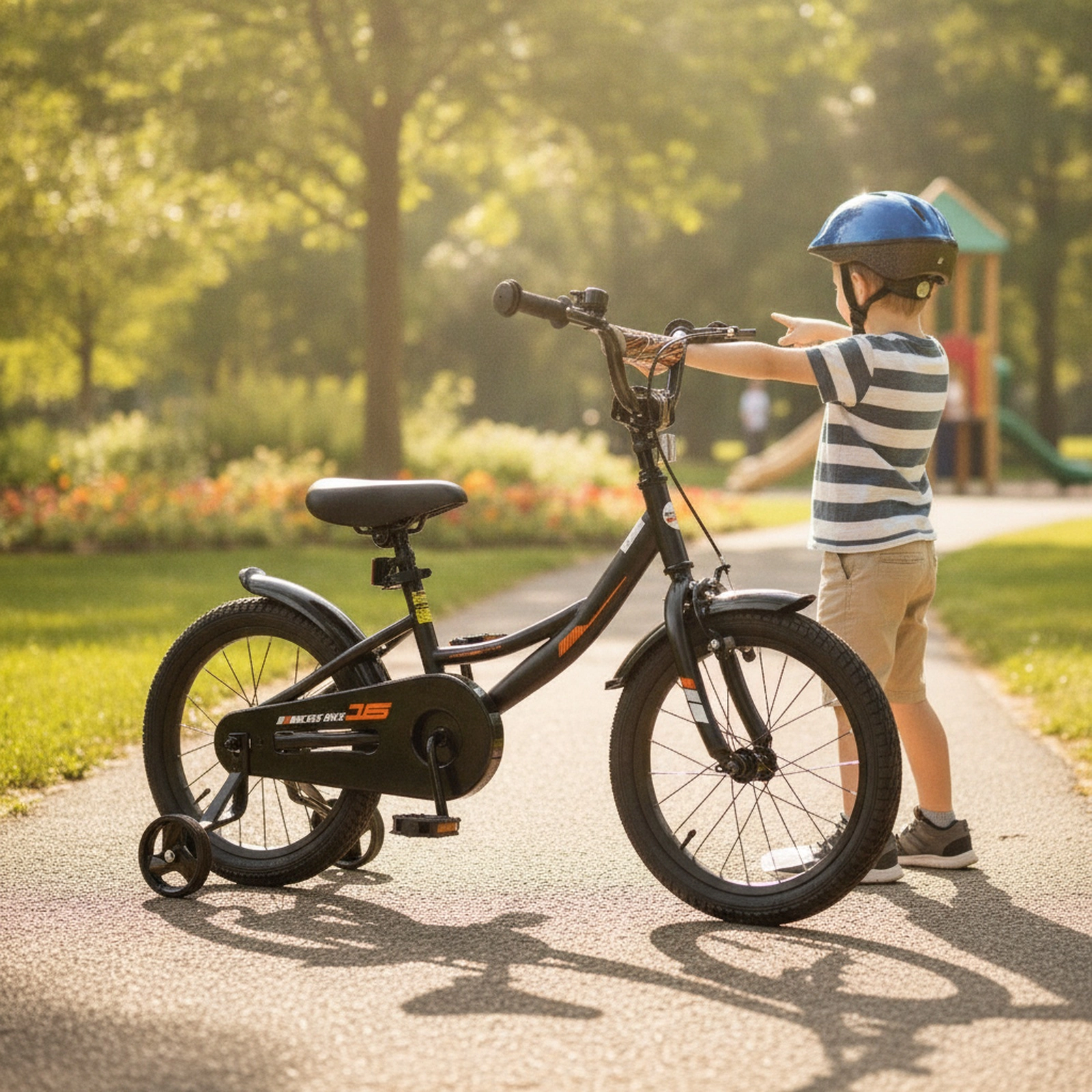 16-in Kids Bike Ages 4-7 Black Bicycle Detachable Training Wheels Reflectors Bell Kickstand 145-lb Seat Rating
