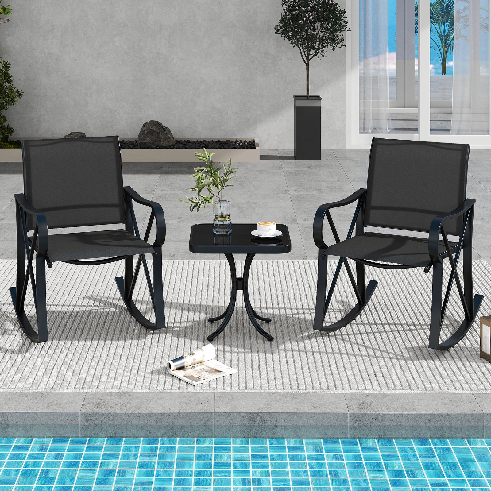 SUGIFT 3 Piece Patio Conversation Set Side Table 330-lb Rocking Chair Capacity 18 x 18 x 17 in Table Brown + Black