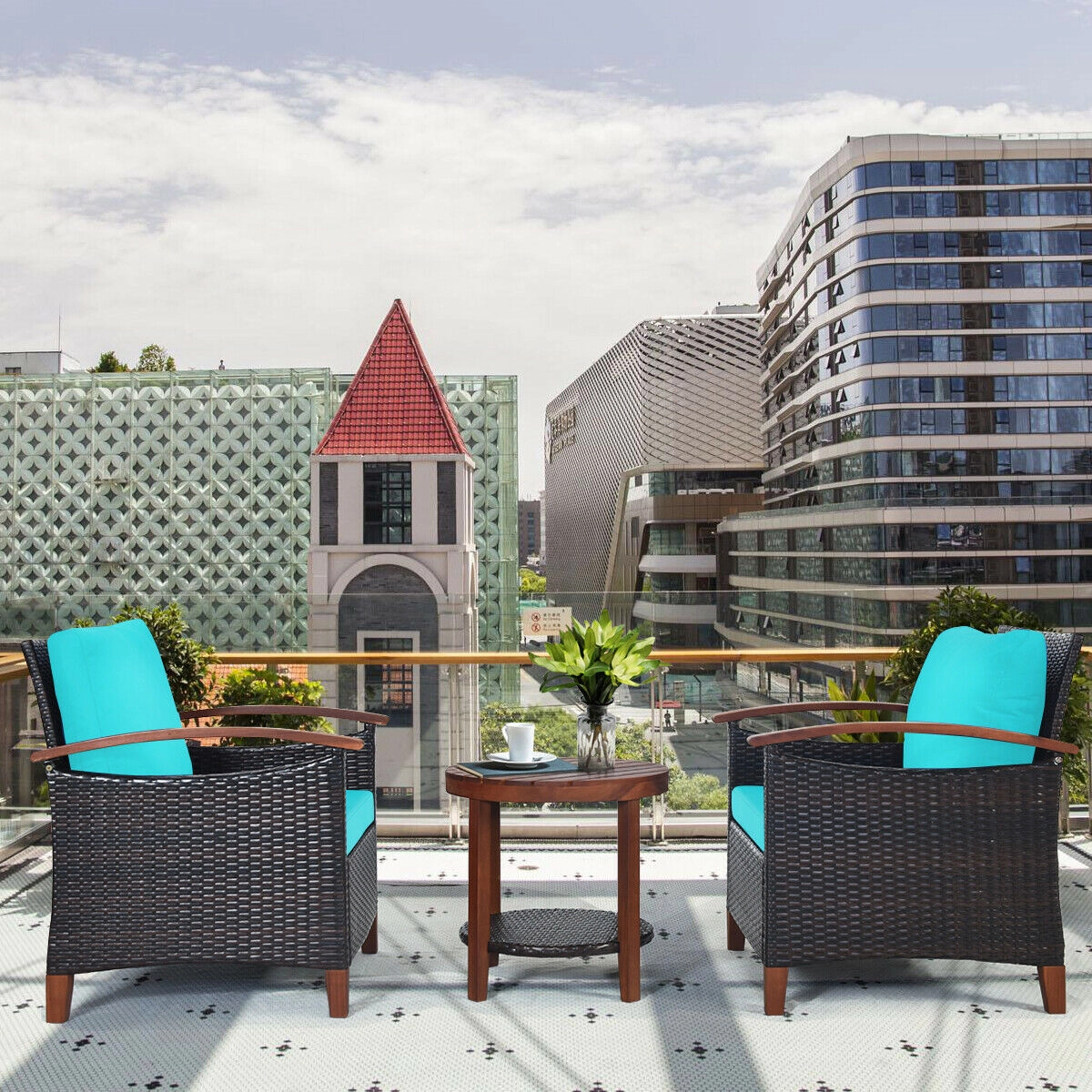 SUGIFT 3-Piece Turquoise Rattan Patio Set with Acacia Wood Frames
